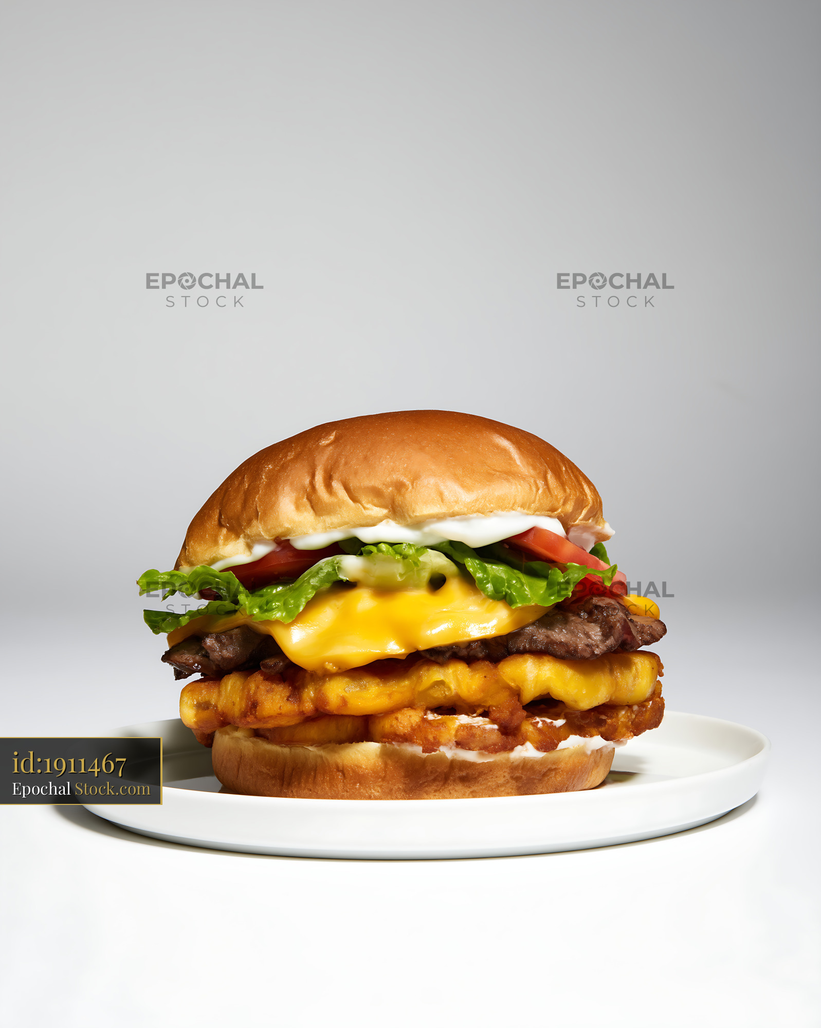 Gourmet Double Cheeseburger with Waffle Fries - stock photo