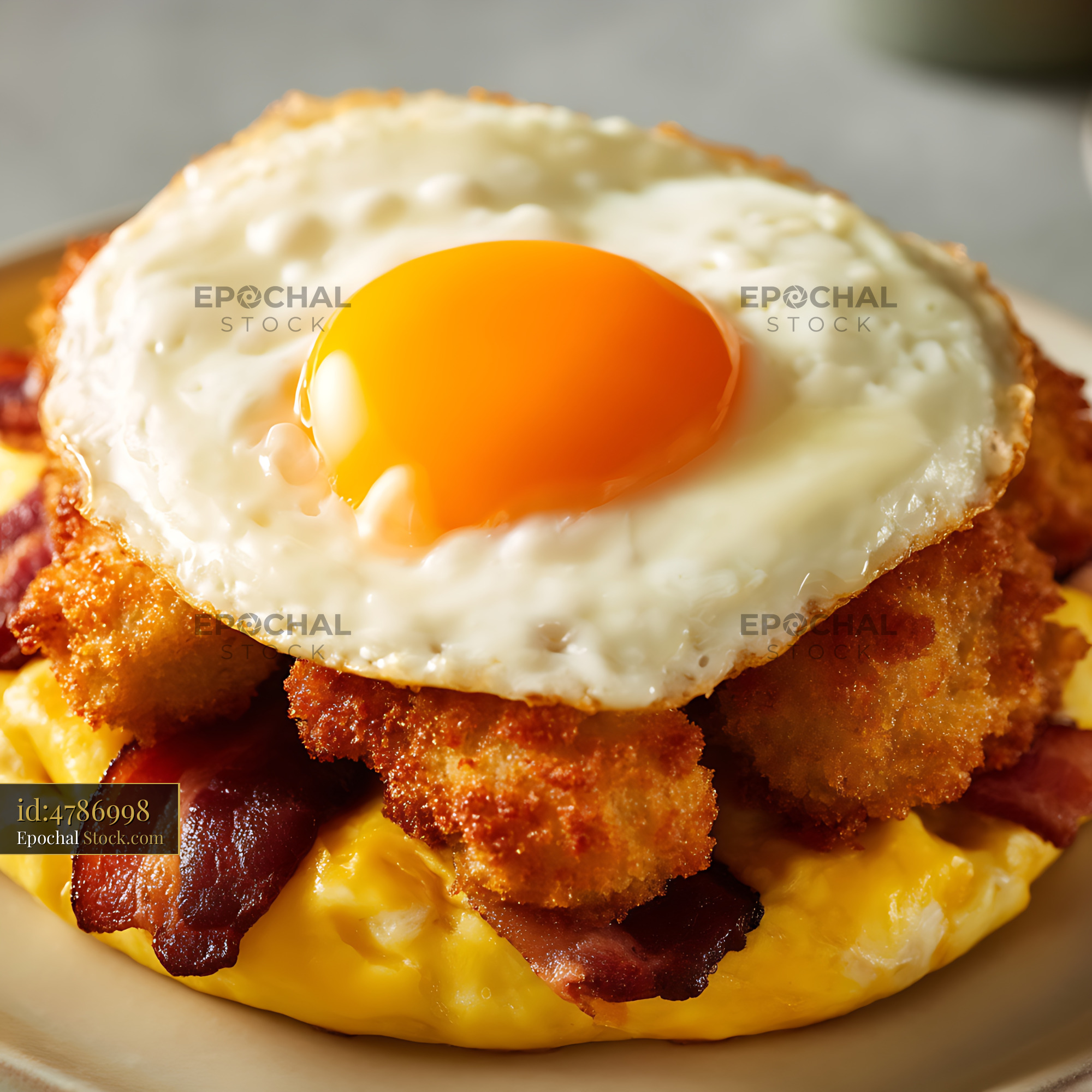 Gourmet Fried Egg Breakfast Sandwich with Bacon - stock photo