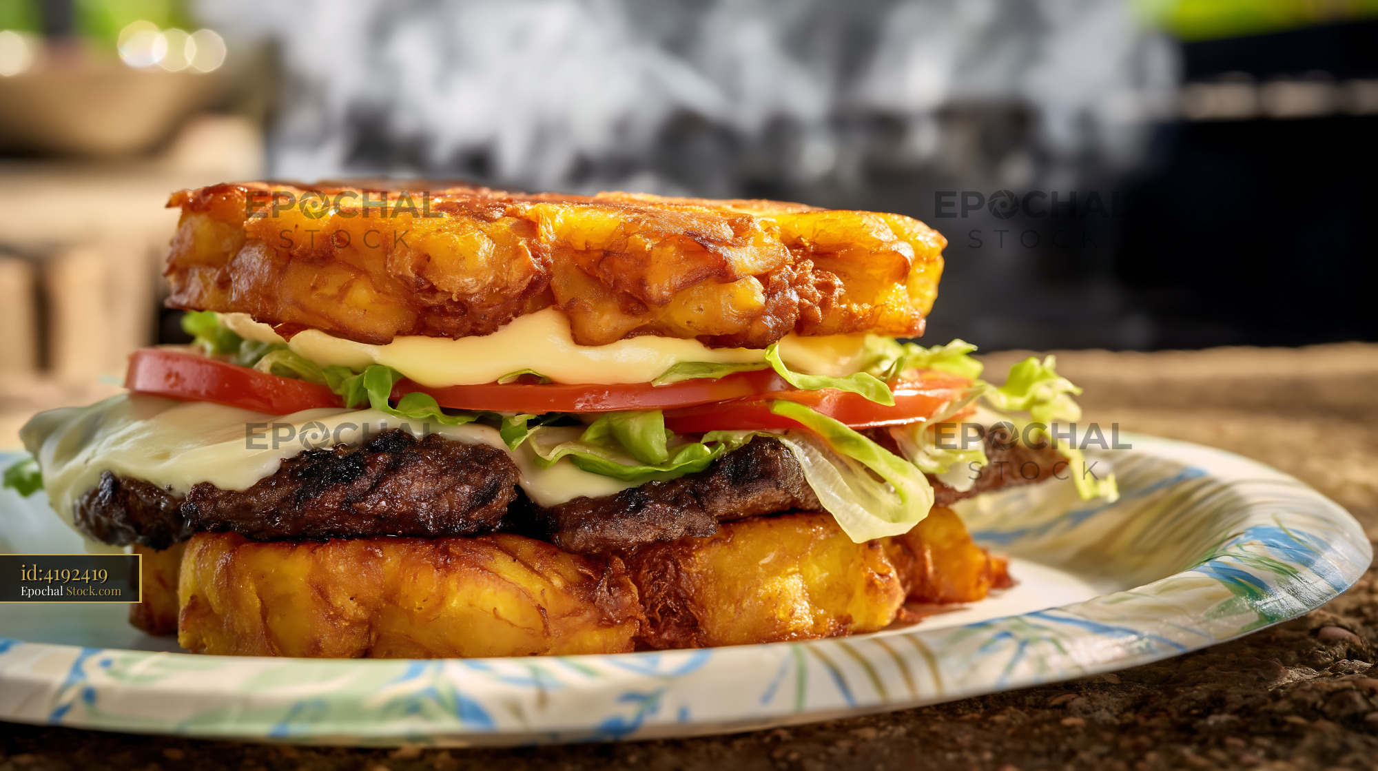 Jibarito Burger with Fried Plantain Buns, Beef Patty and Cheese - stock photo