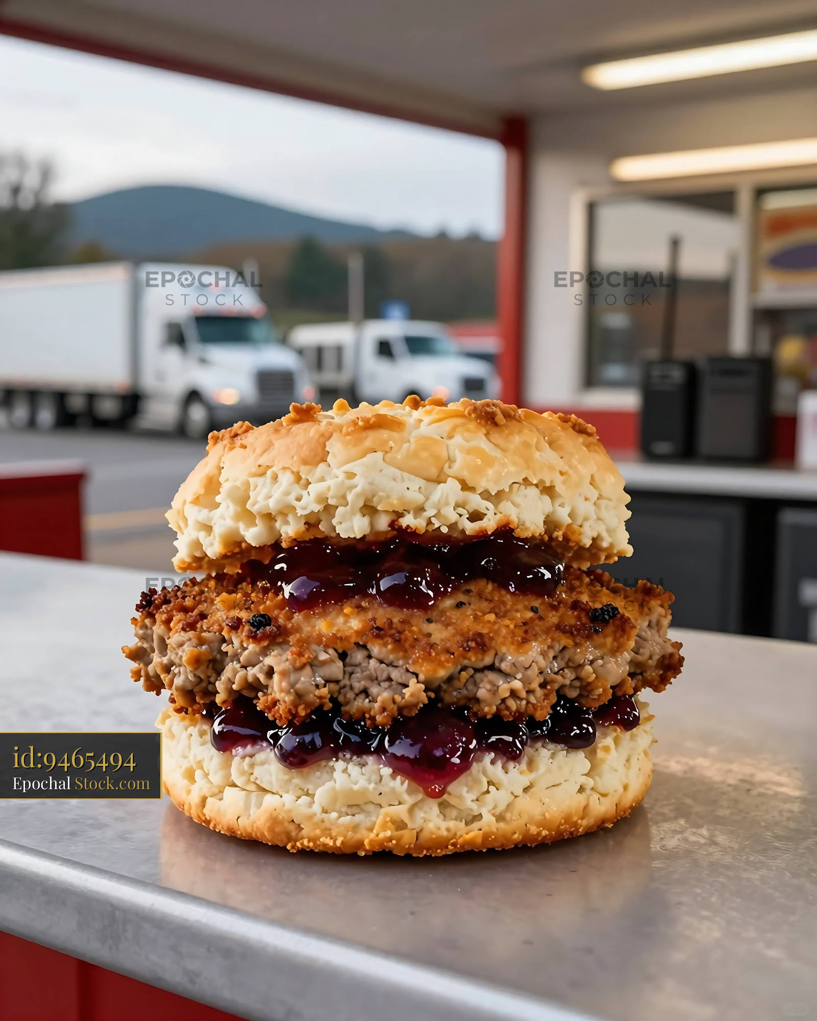 Livermush Sandwich With Jam at Truck Stop - stock photo