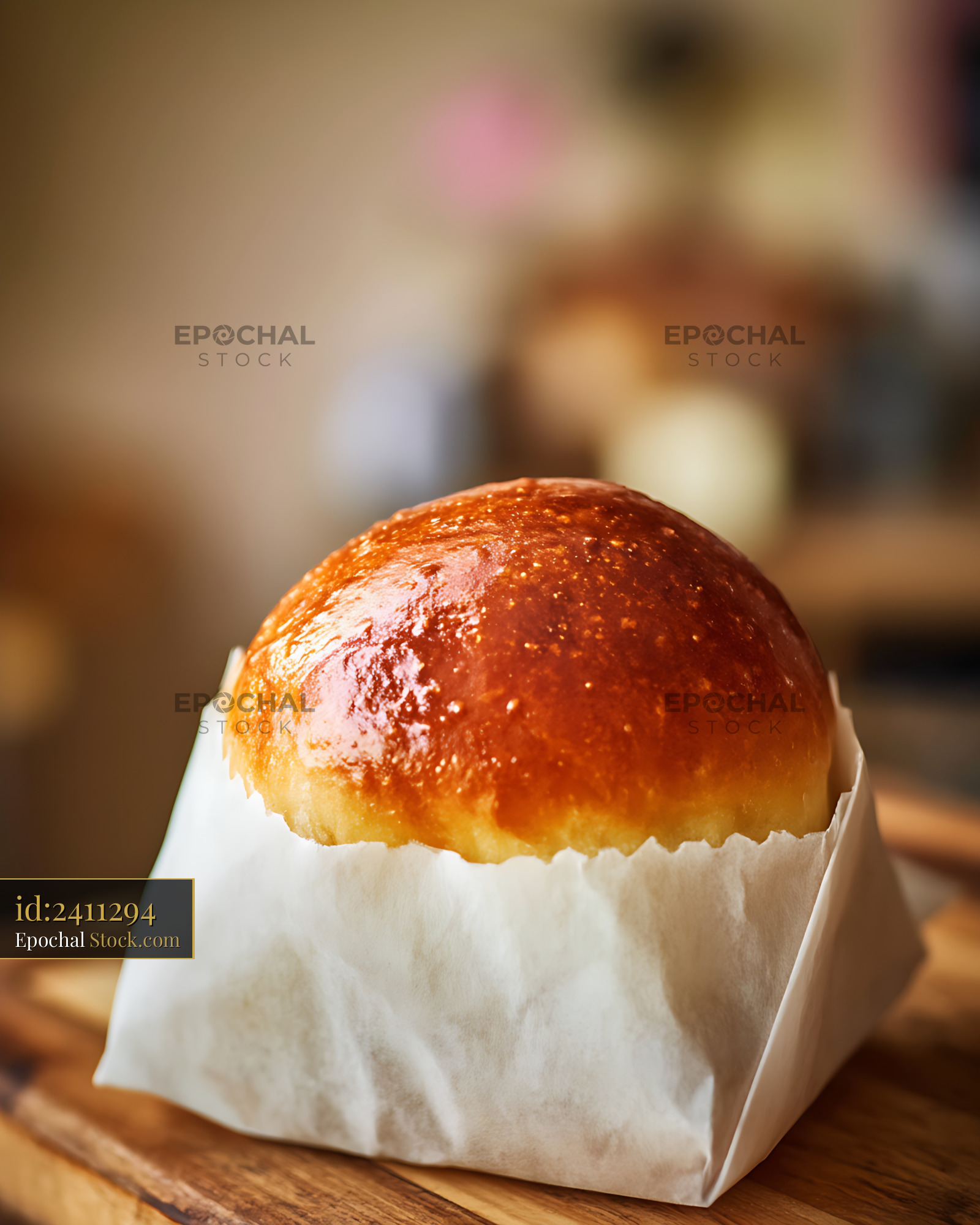Fresh Glazed Brioche Bun on Wooden Surface - stock photo