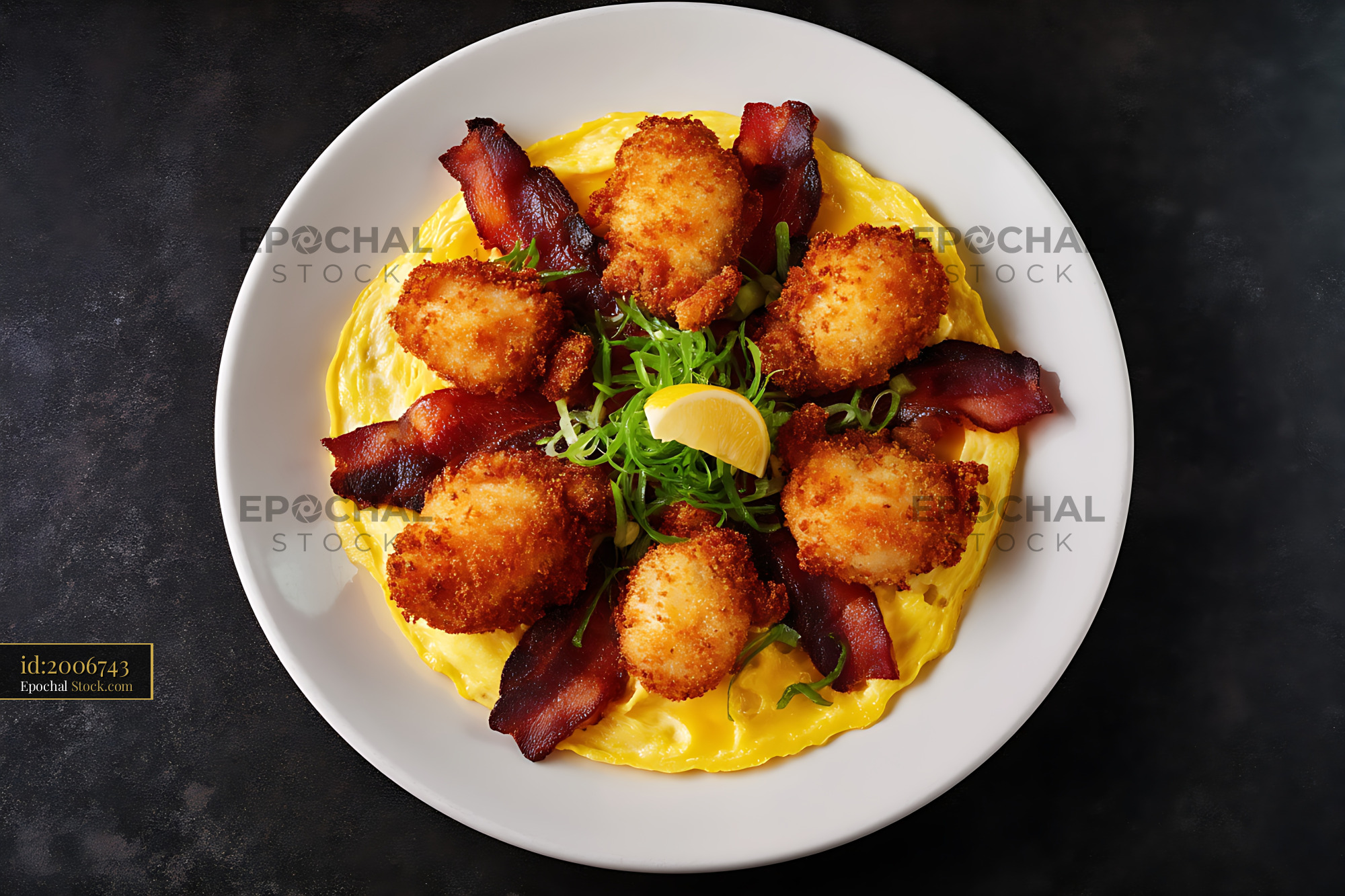 Crispy Shrimp and Bacon Omelet Brunch Plate - stock photo