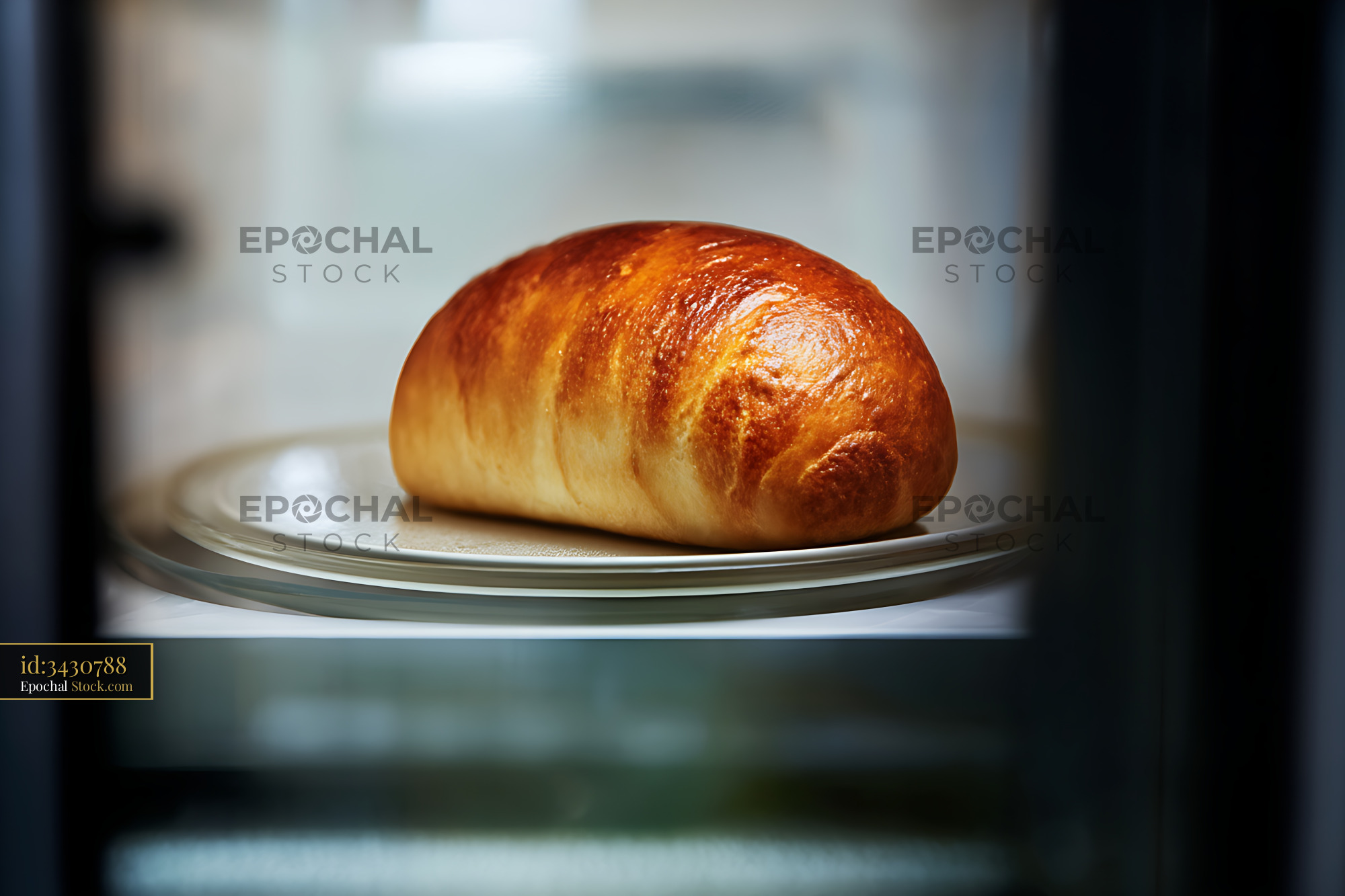 Freshly Baked Golden Bread Roll on Plate - stock photo