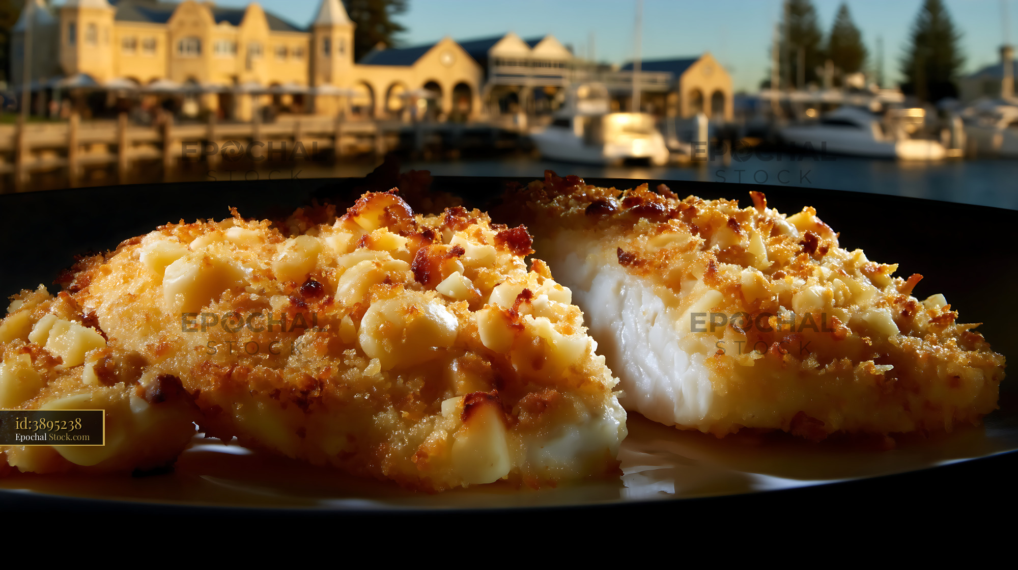 Macadamia Crusted Fish at Waterfront Restaurant - stock photo