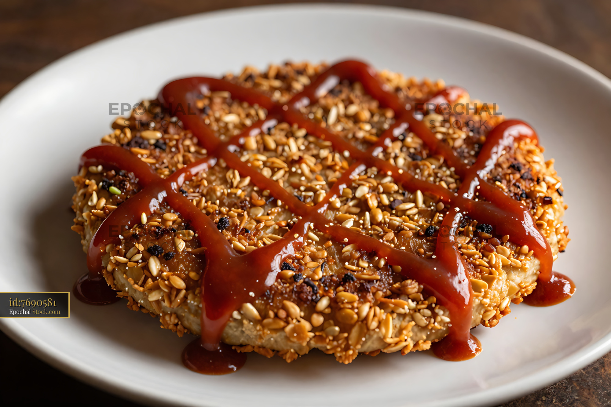 Sesame-Crusted Patty with Ketchup Drizzle - stock photo