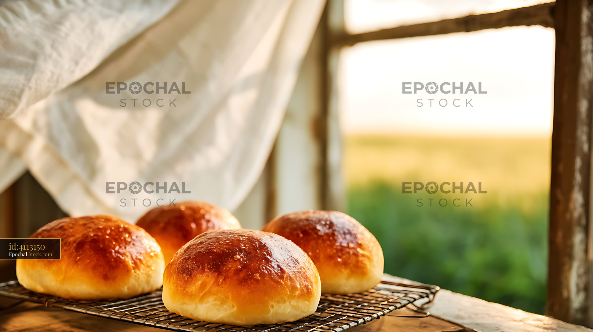 Golden Bread Rolls Cooling by Farmland Window - stock photo