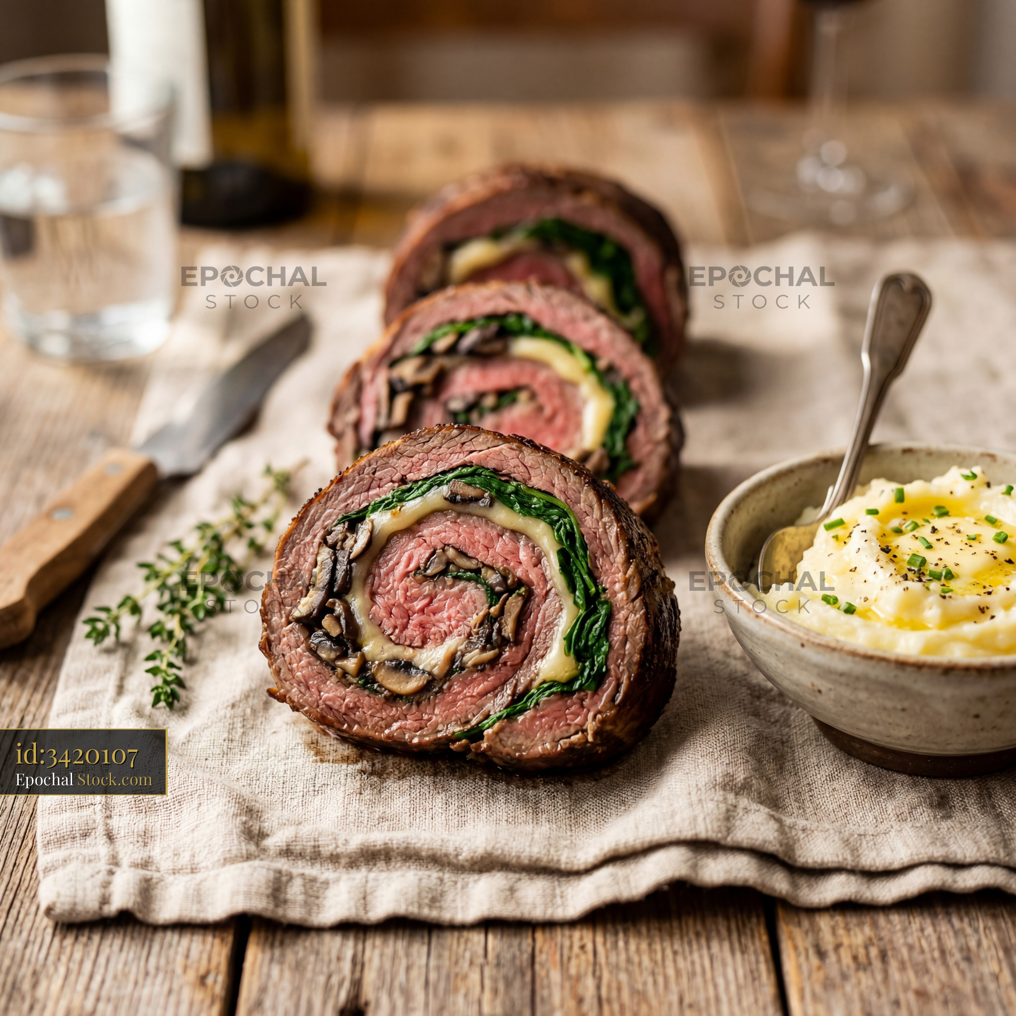 Rare Beef Roulade with Mushroom & Spinach - stock photo