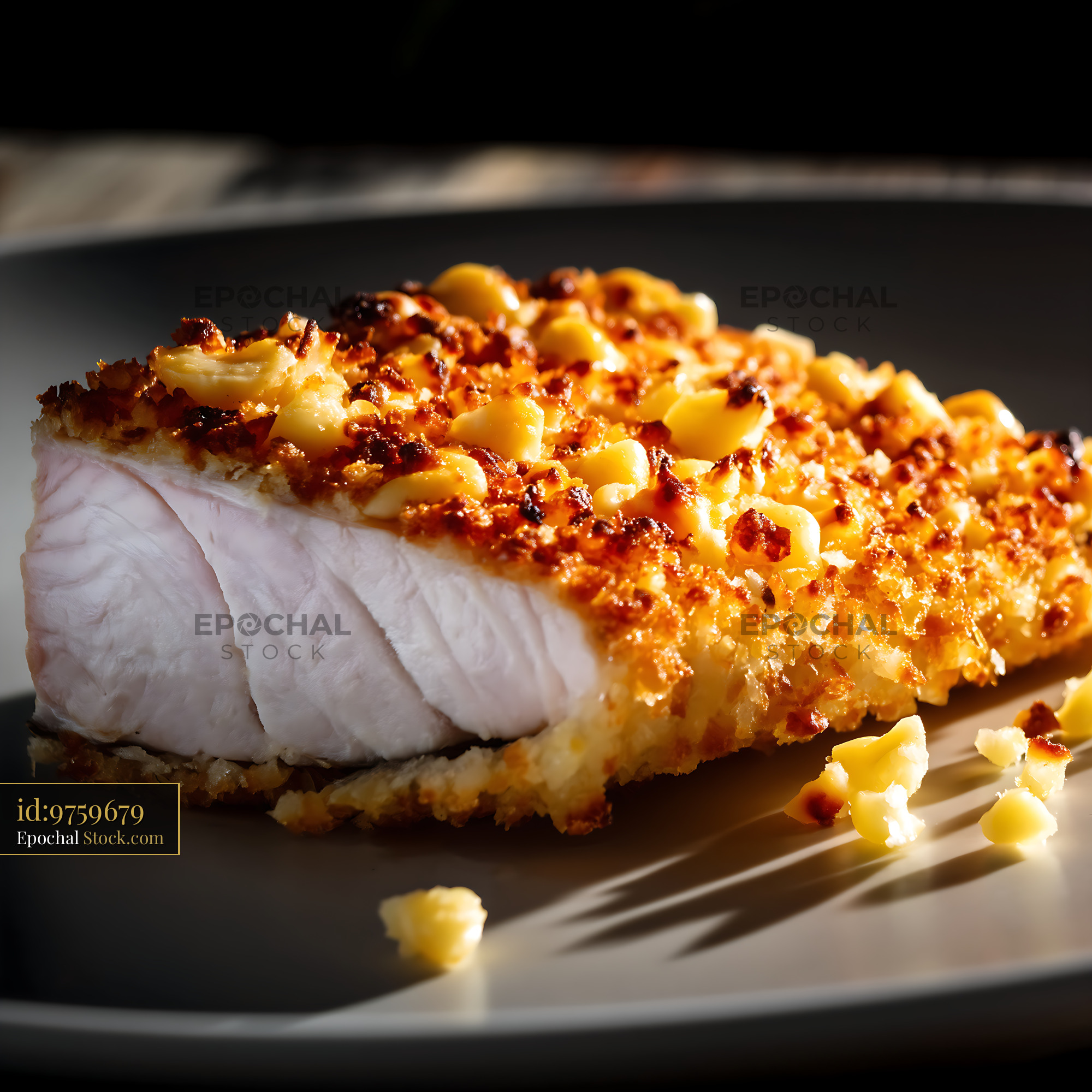 Macadamia Crusted Fish Fillet on Black Plate - stock photo