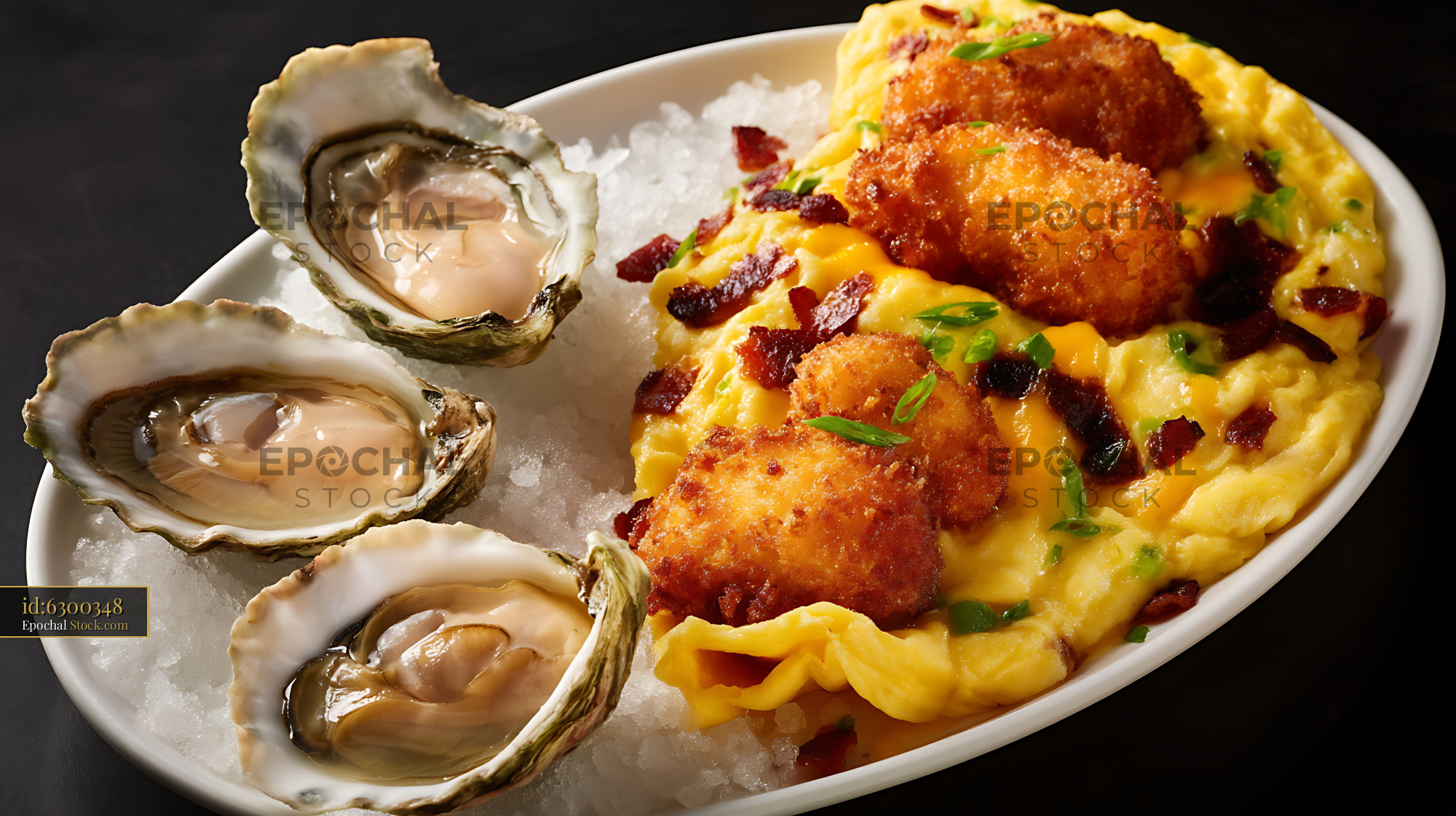 Gourmet Seafood Oysters & Shrimp Omelette Plate - stock photo