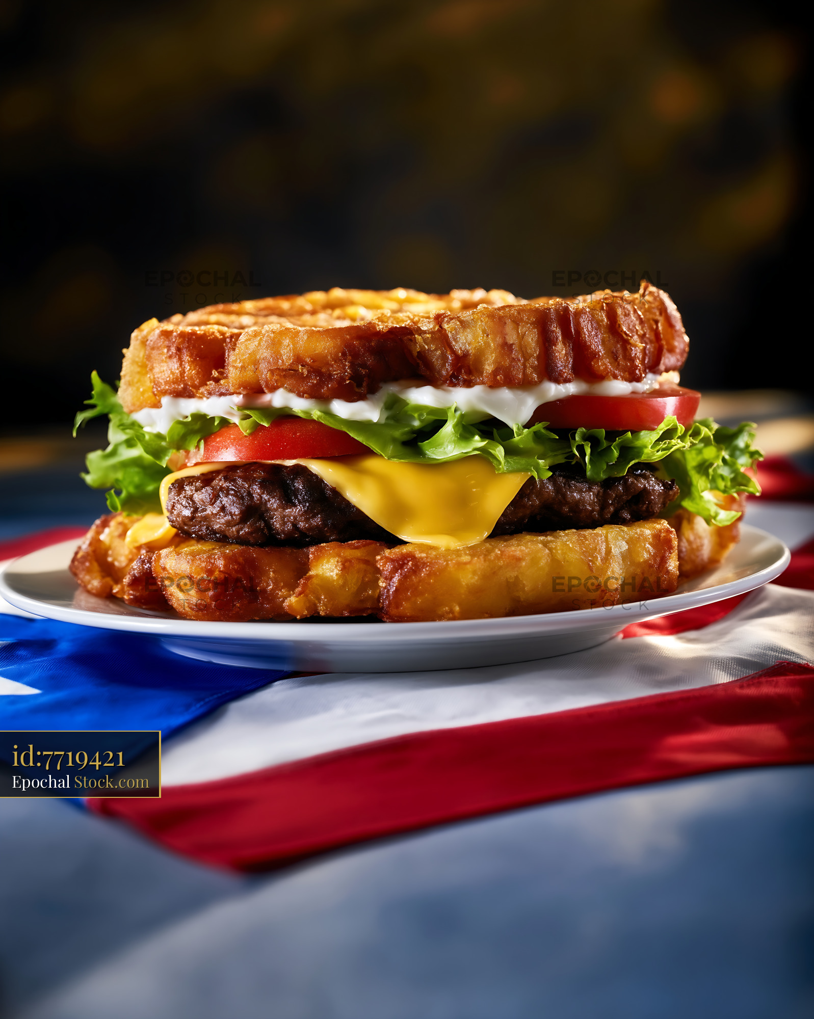 Gourmet Waffle Burger With Patriotic Flag - stock photo