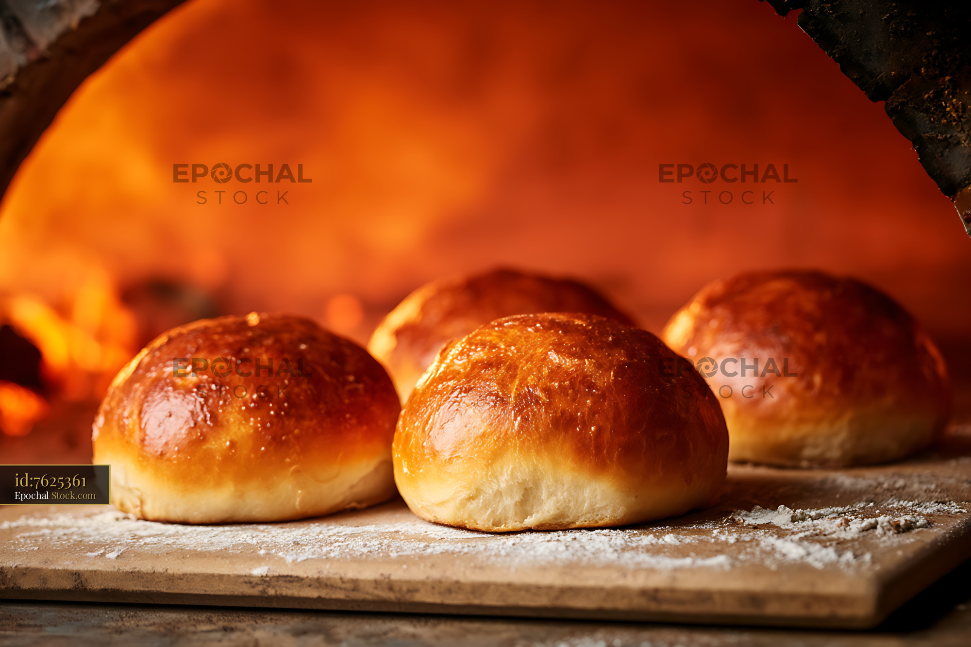 Fresh Baked Golden Brioche Rolls Wood-Fired Oven - stock photo