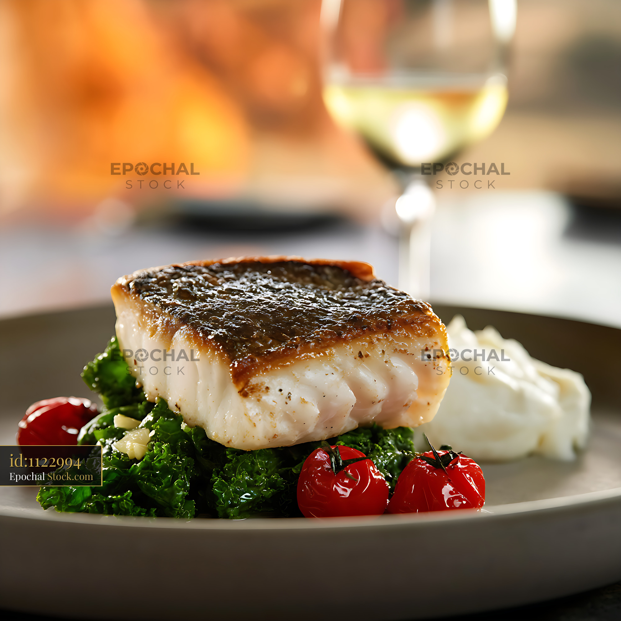 Murray Cod Fillet Seared Golden with Fine Dining Greens - stock photo