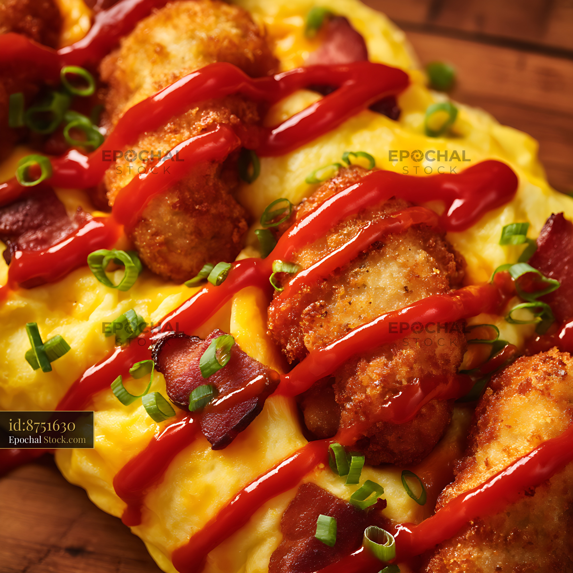 Gourmet Hotdog with Crispy Egg, Peppers & Sauce - stock photo