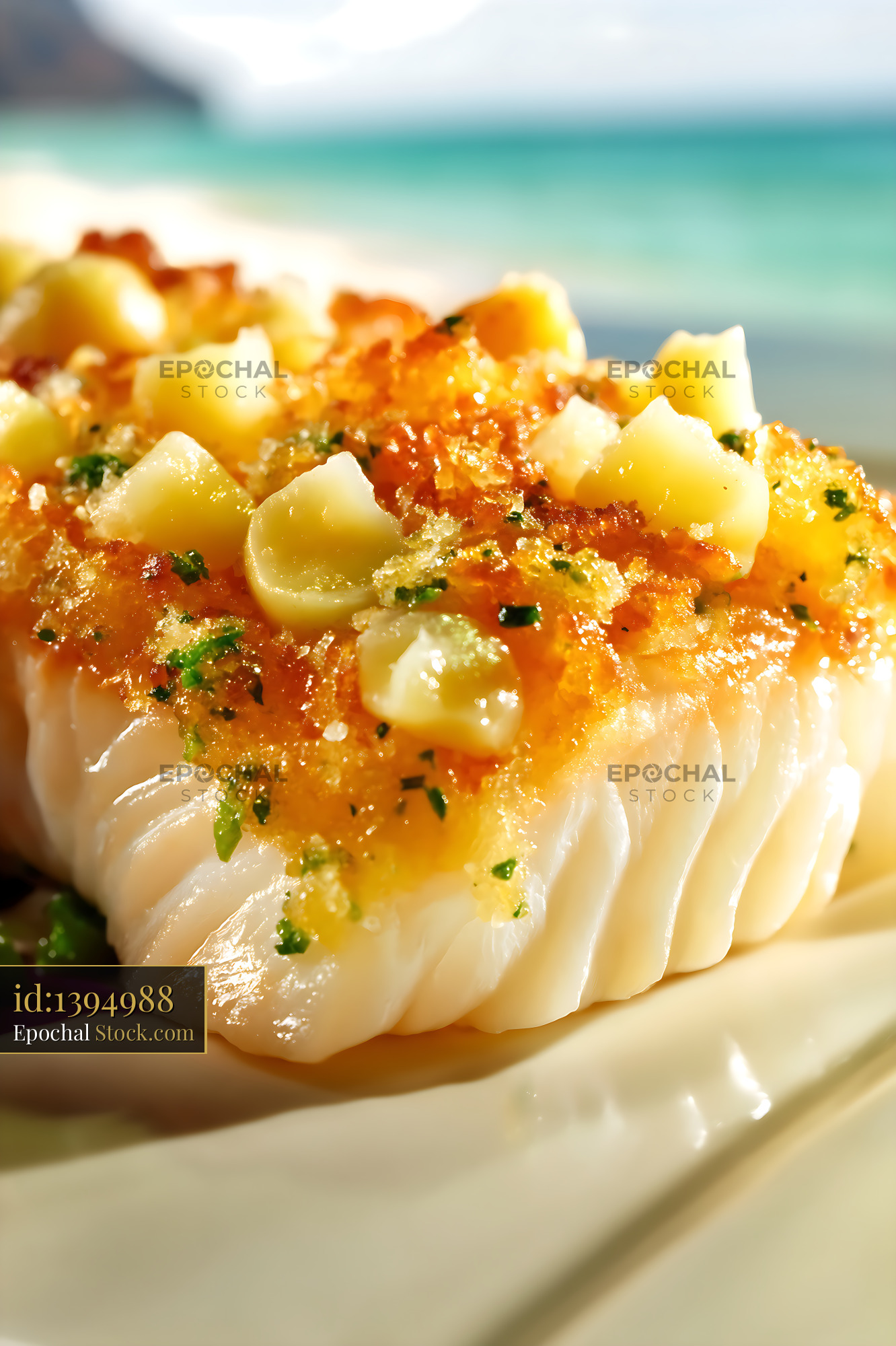 Seared Scallop with Citrus Glaze, Ocean Backdrop - stock photo
