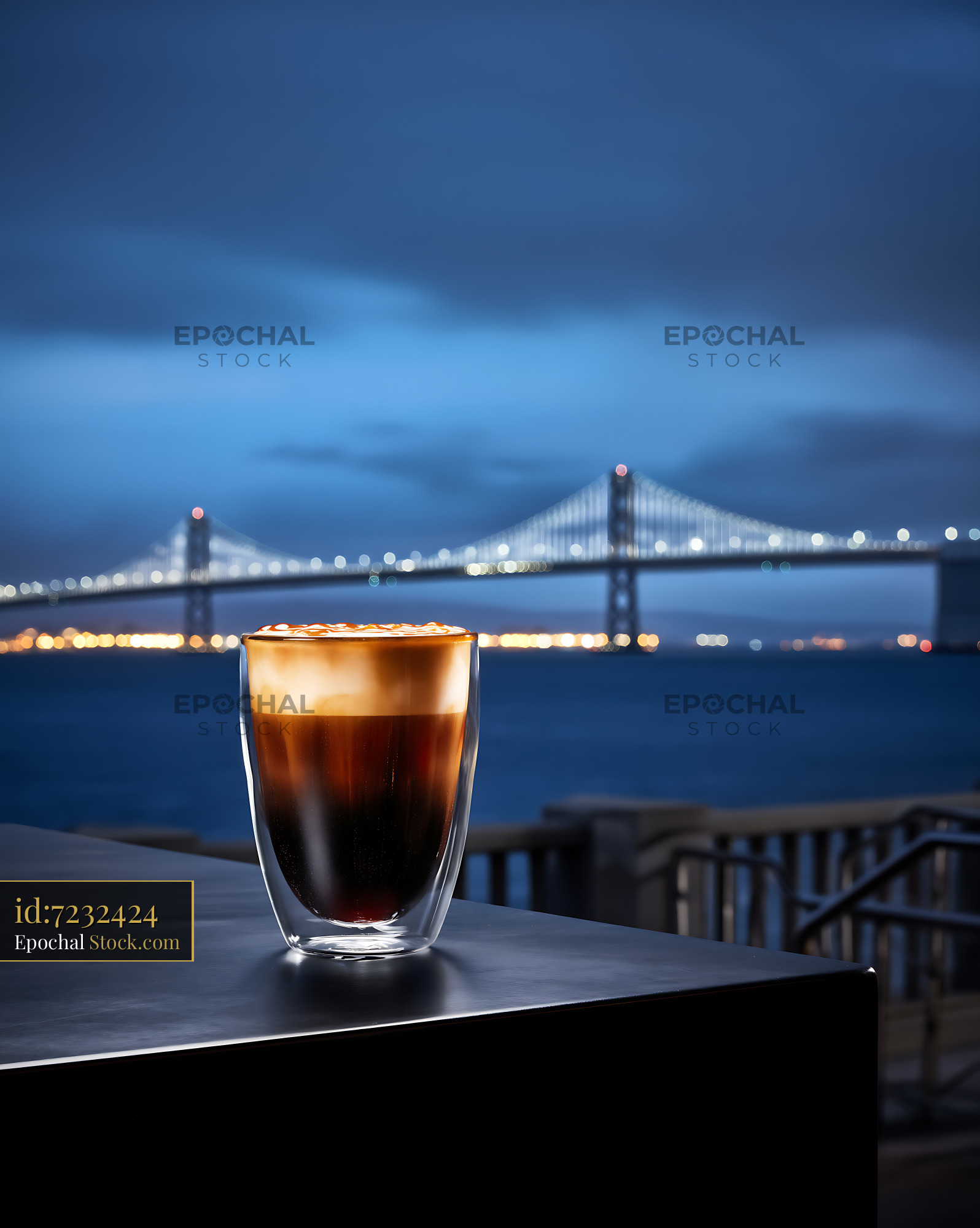 Nitro Caramel Coffee at Sunset with Bay Bridge - stock photo
