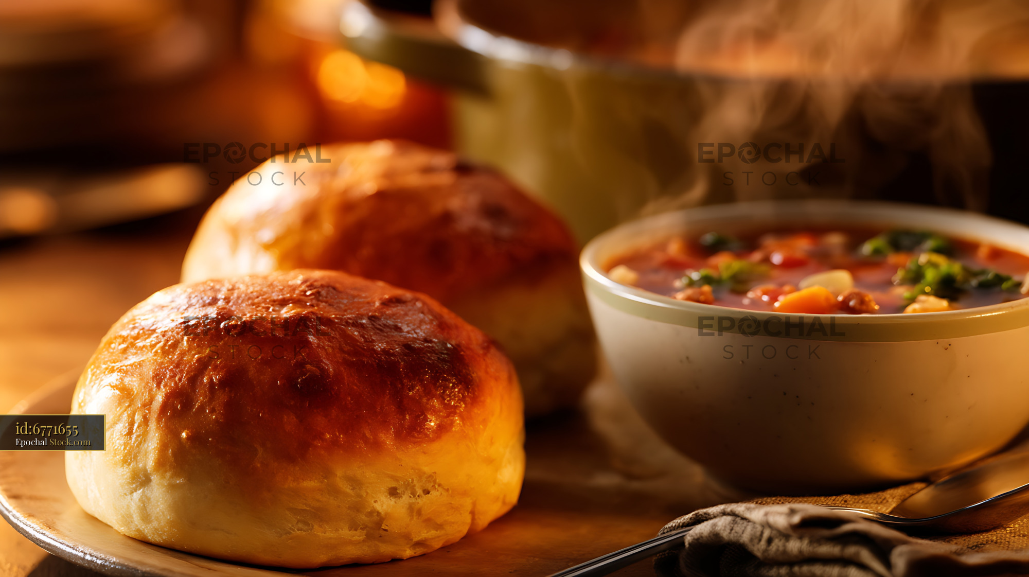 Homemade Dinner Rolls With Vegetable Soup - stock photo