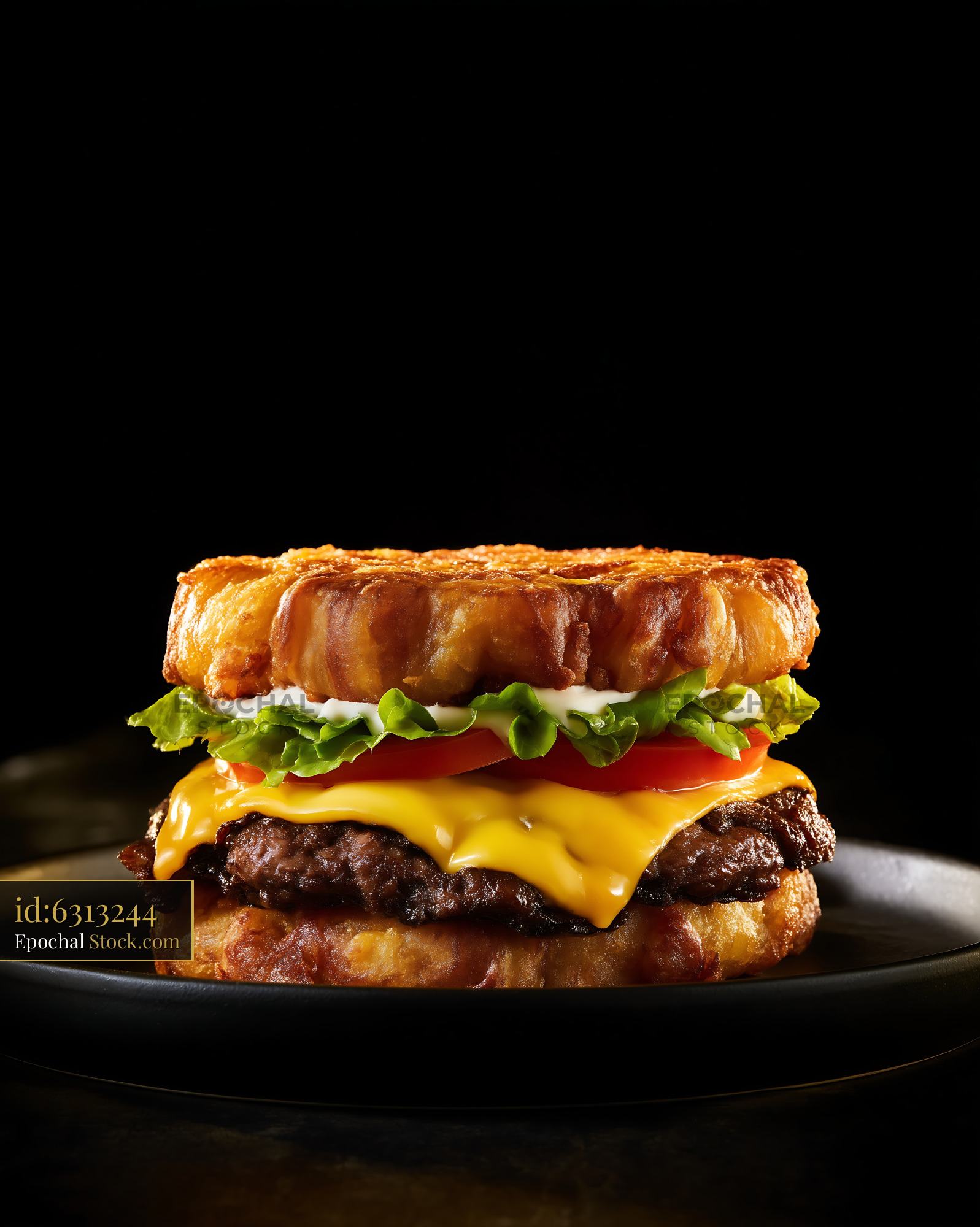 Gourmet Bacon Cheeseburger on Croissant Bun - stock photo