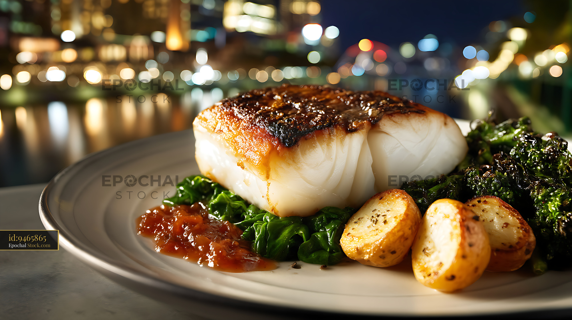 Seared Murray Cod Fillet with Greens and Potatoes - stock photo