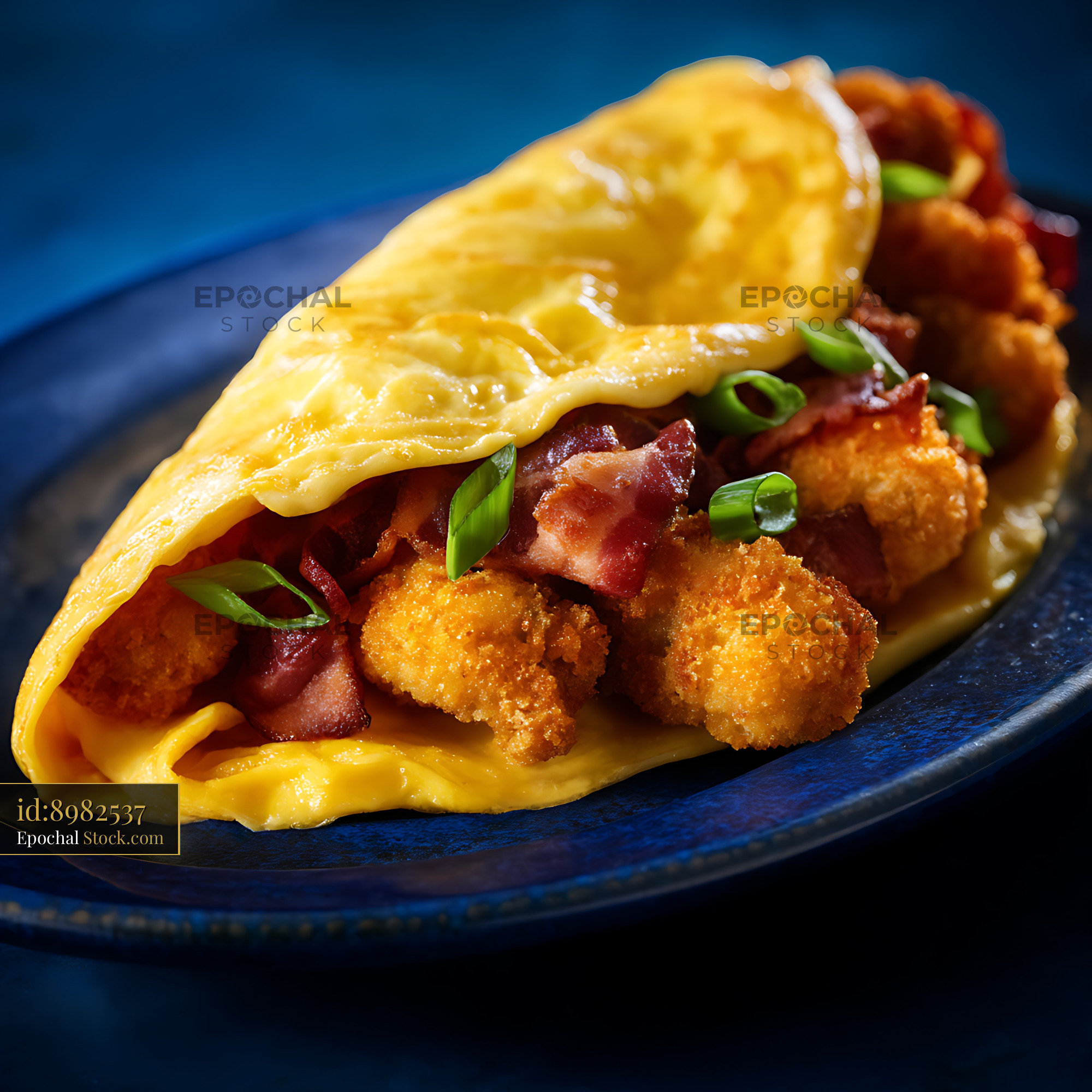 Gourmet Omelette with Crispy Shrimp & Bacon - stock photo
