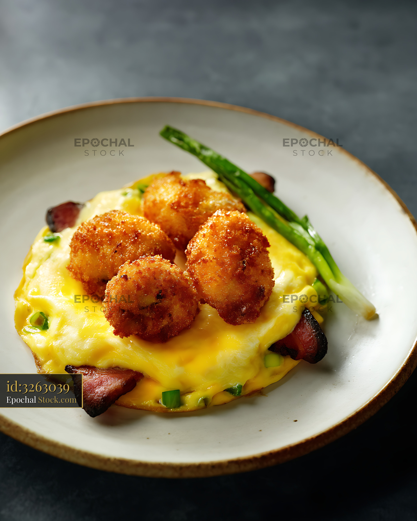 Crispy Garlic Shrimp Omelet with Asparagus - stock photo