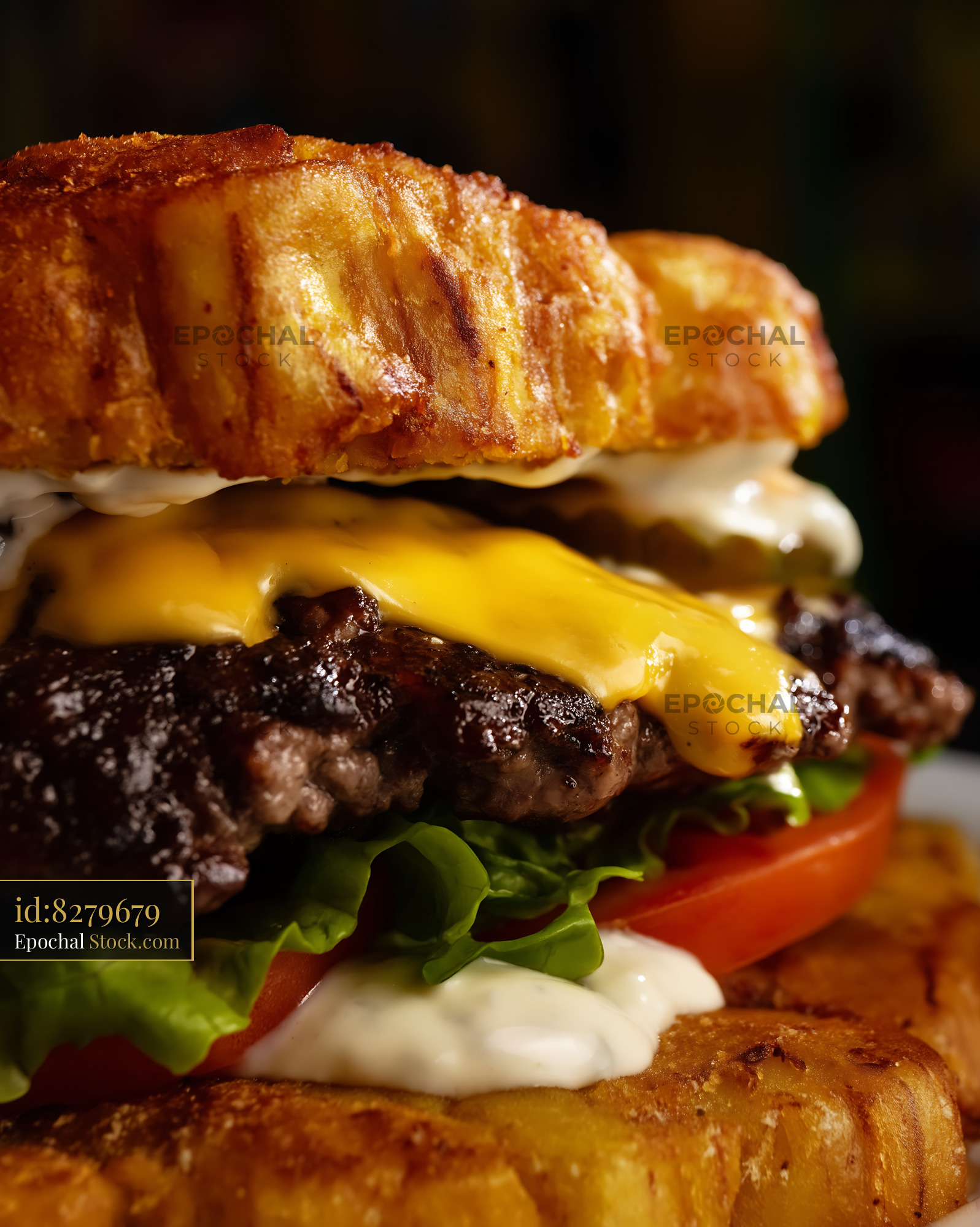 Gourmet Beef Burger with Melted Cheese & Croissant - stock photo