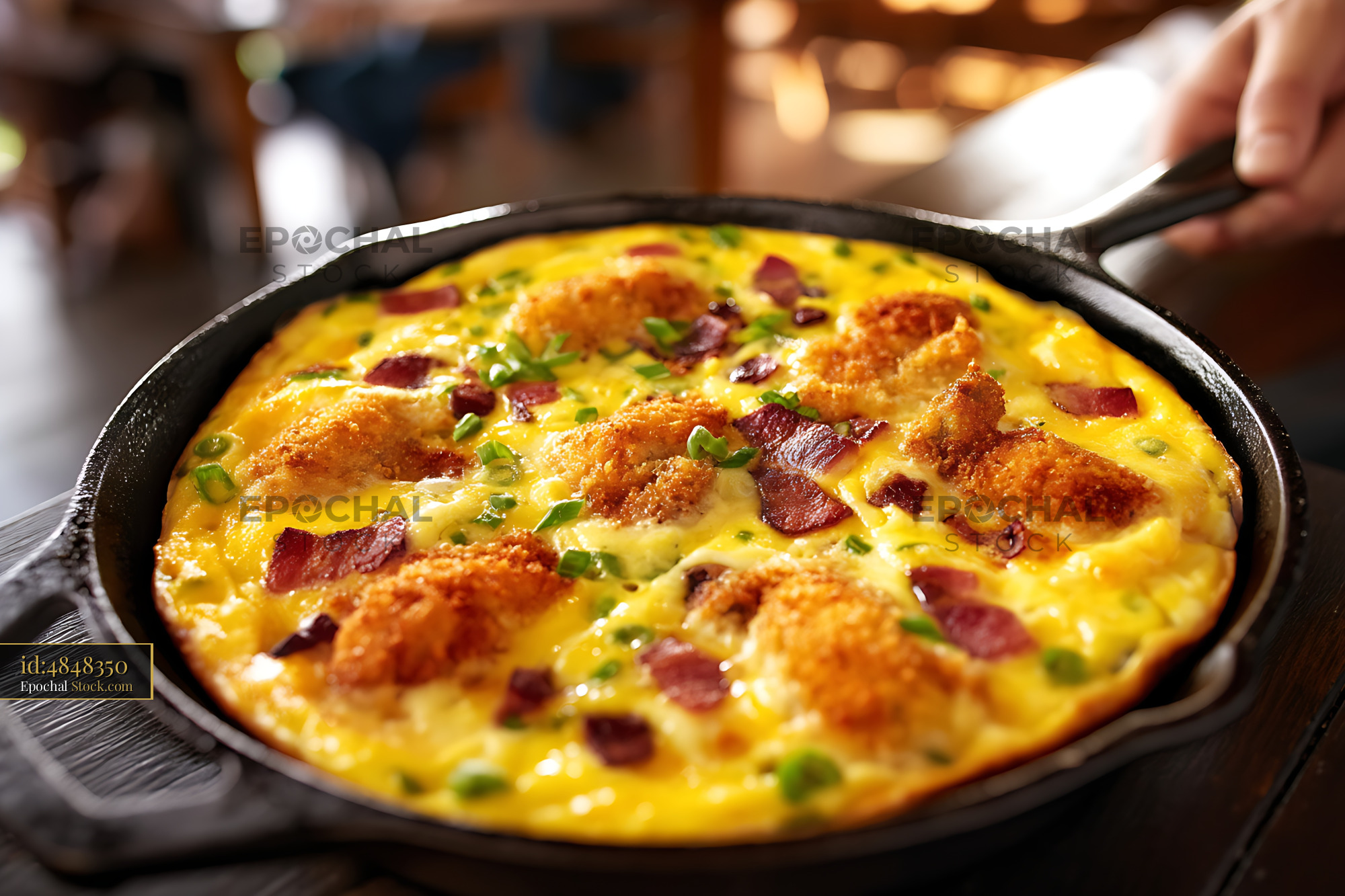 Bacon Scallion Omelet in Cast Iron Skillet - stock photo