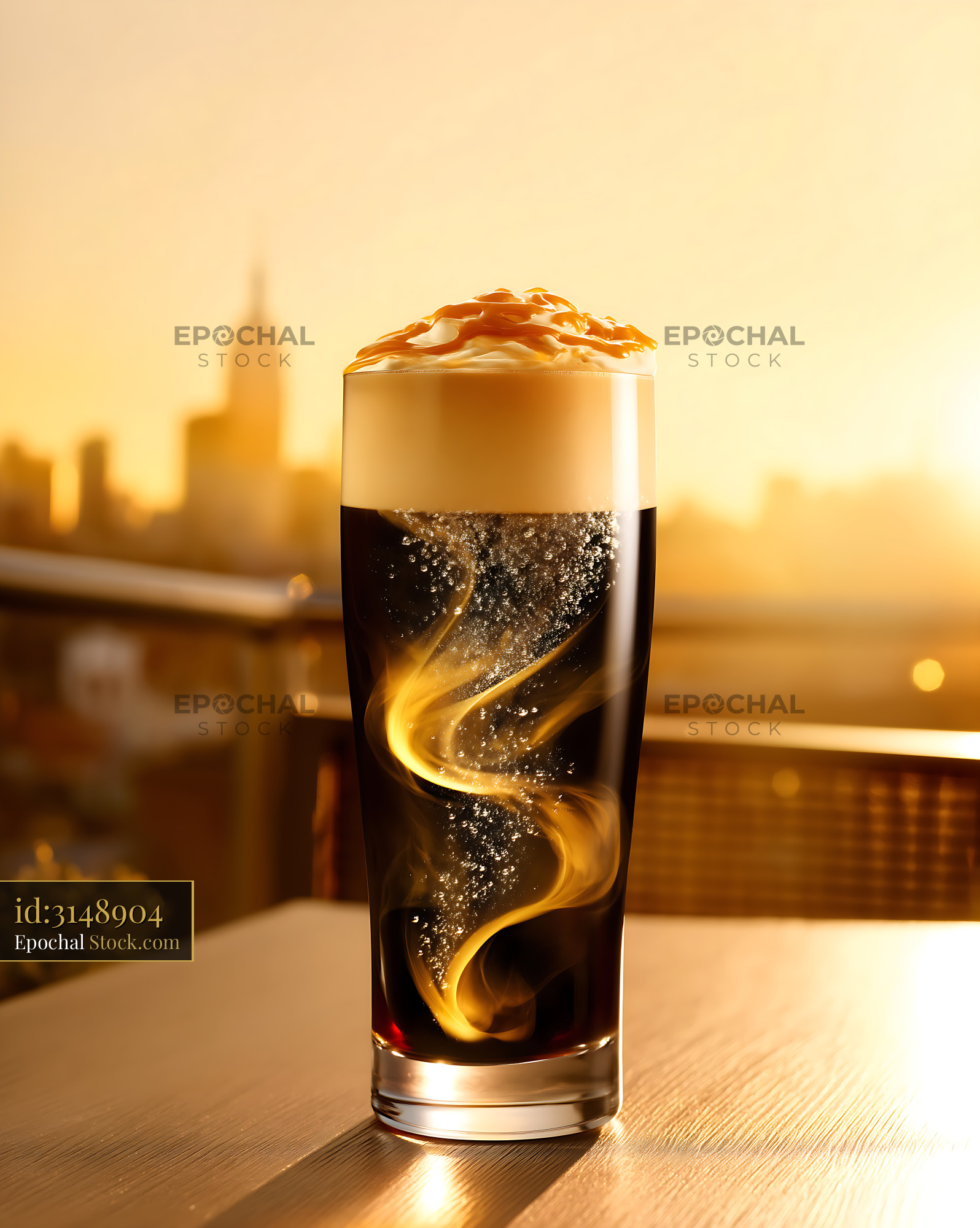Nitro Caramel Coffee with Foam on Rooftop - stock photo
