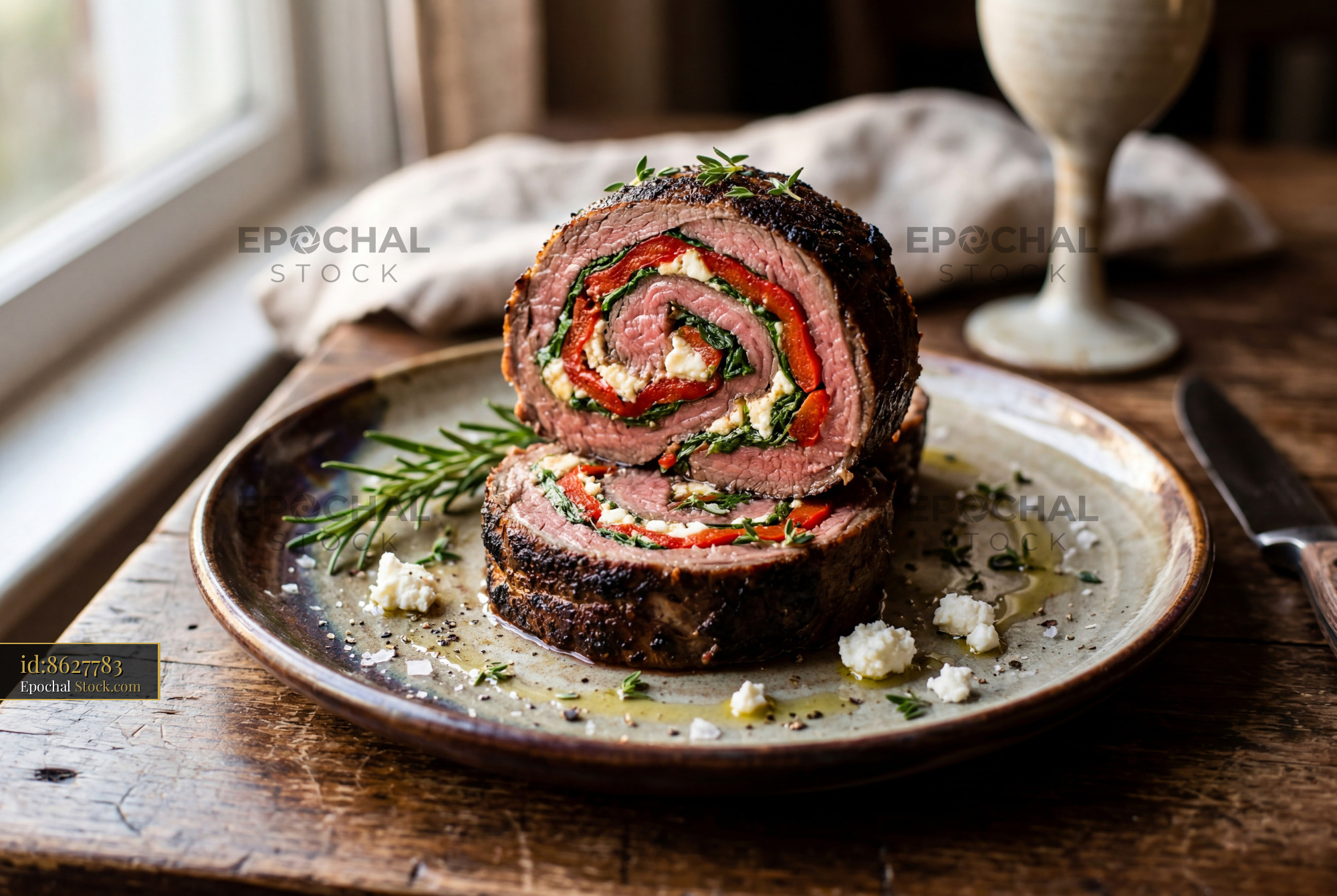 Beef Roulade with Spinach, Peppers & Feta - stock photo