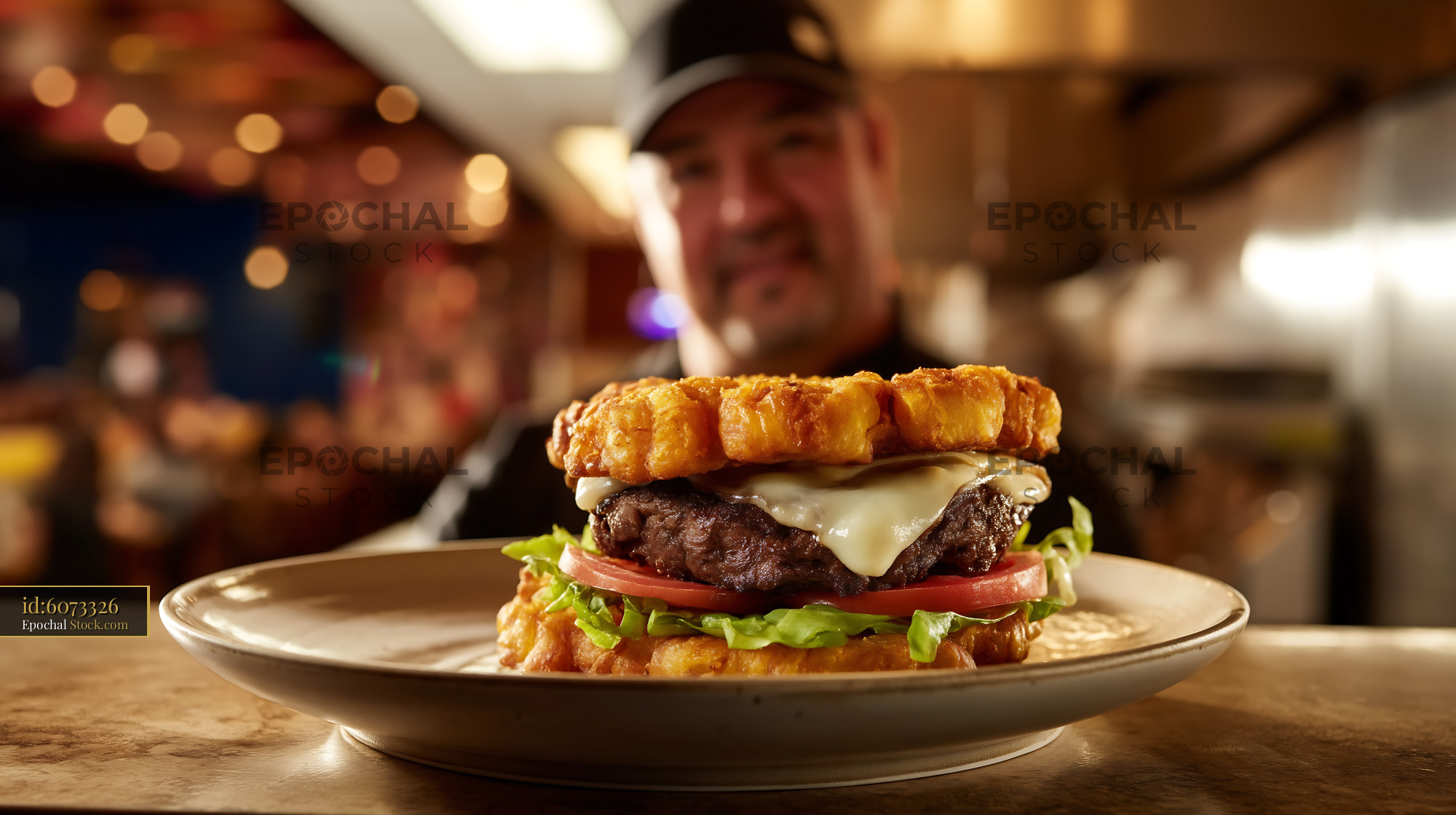 Gourmet Burger with Crispy Waffle Fries Bun - stock photo