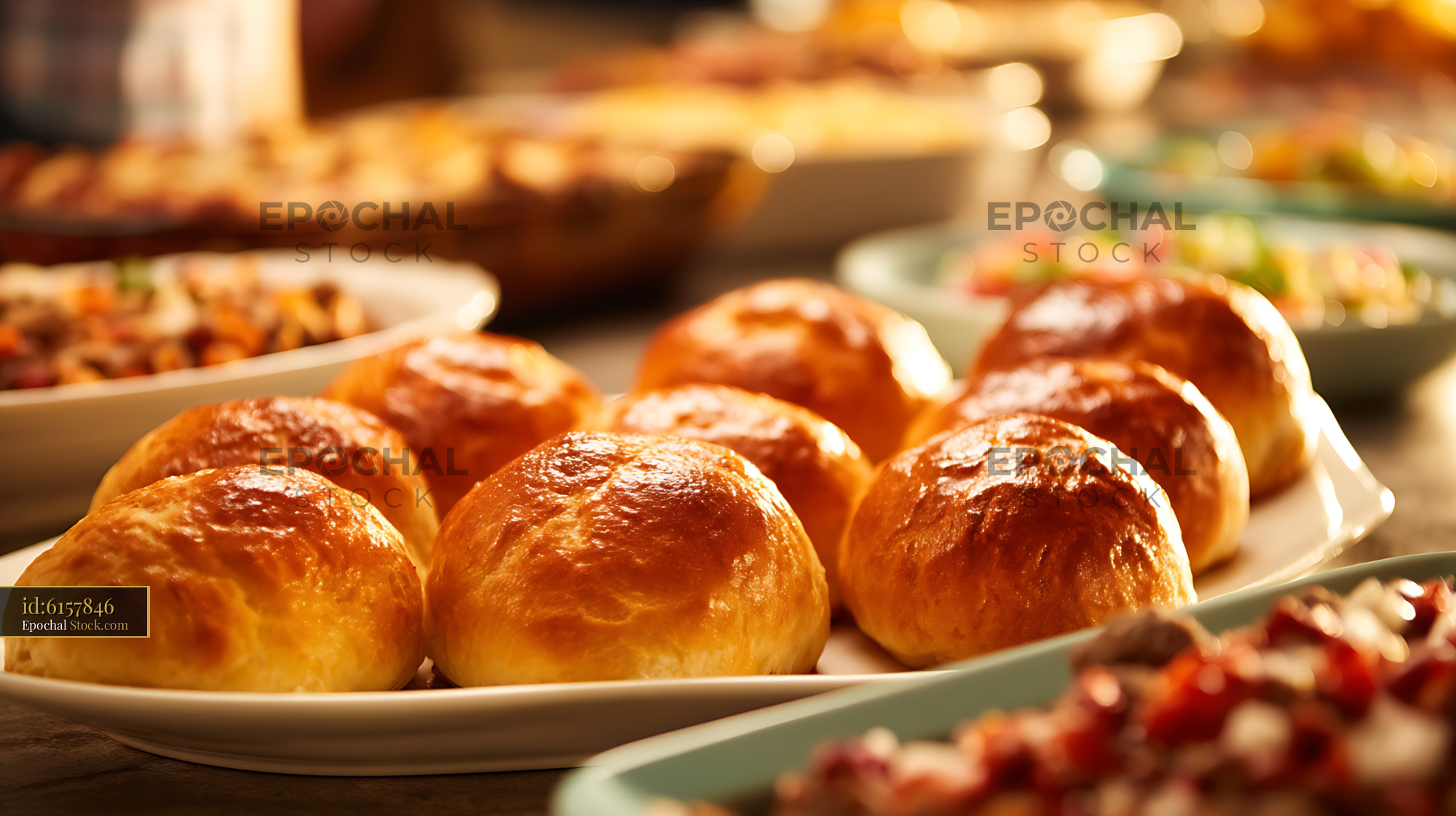 Golden Dinner Rolls Buffet Spread with Sides - stock photo