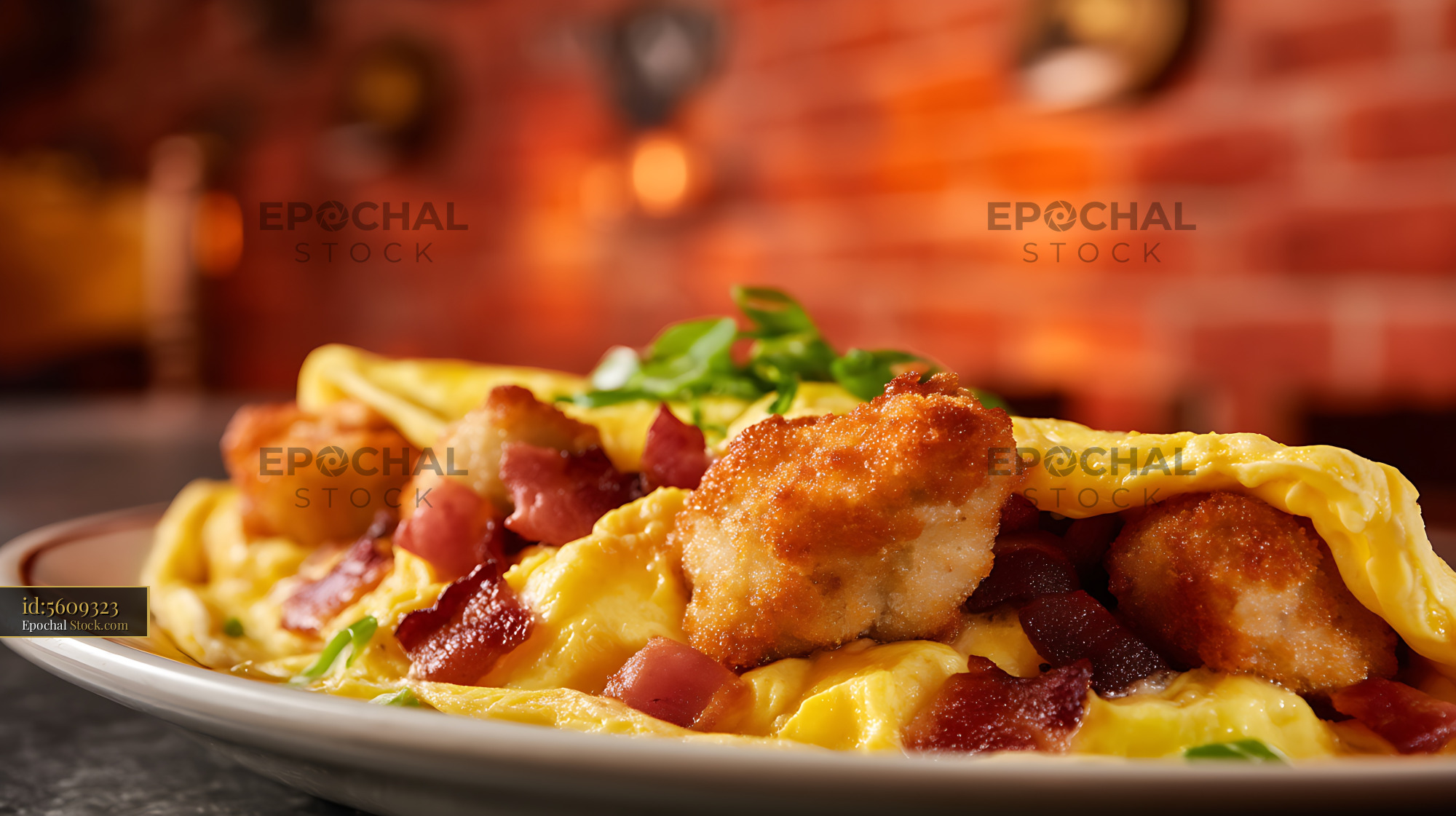 Fried Shrimp and Fries with Crispy Bacon - stock photo