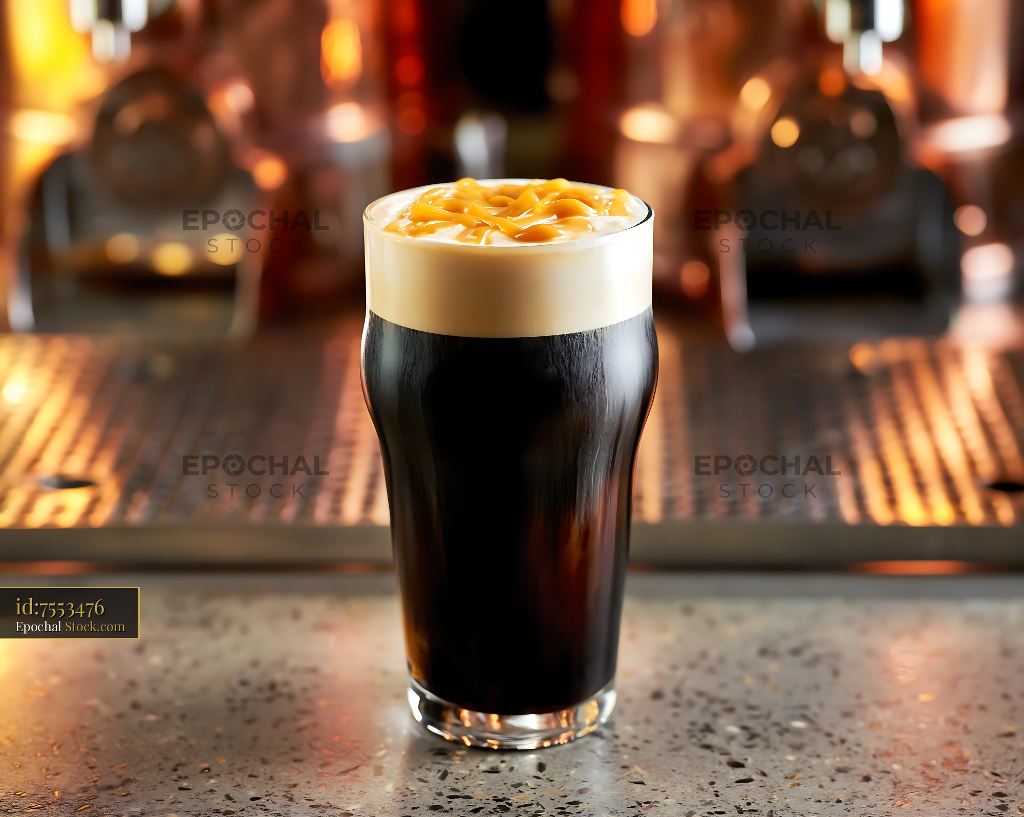 Nitro Caramel Coffee with Creamy Head at Bar - stock photo