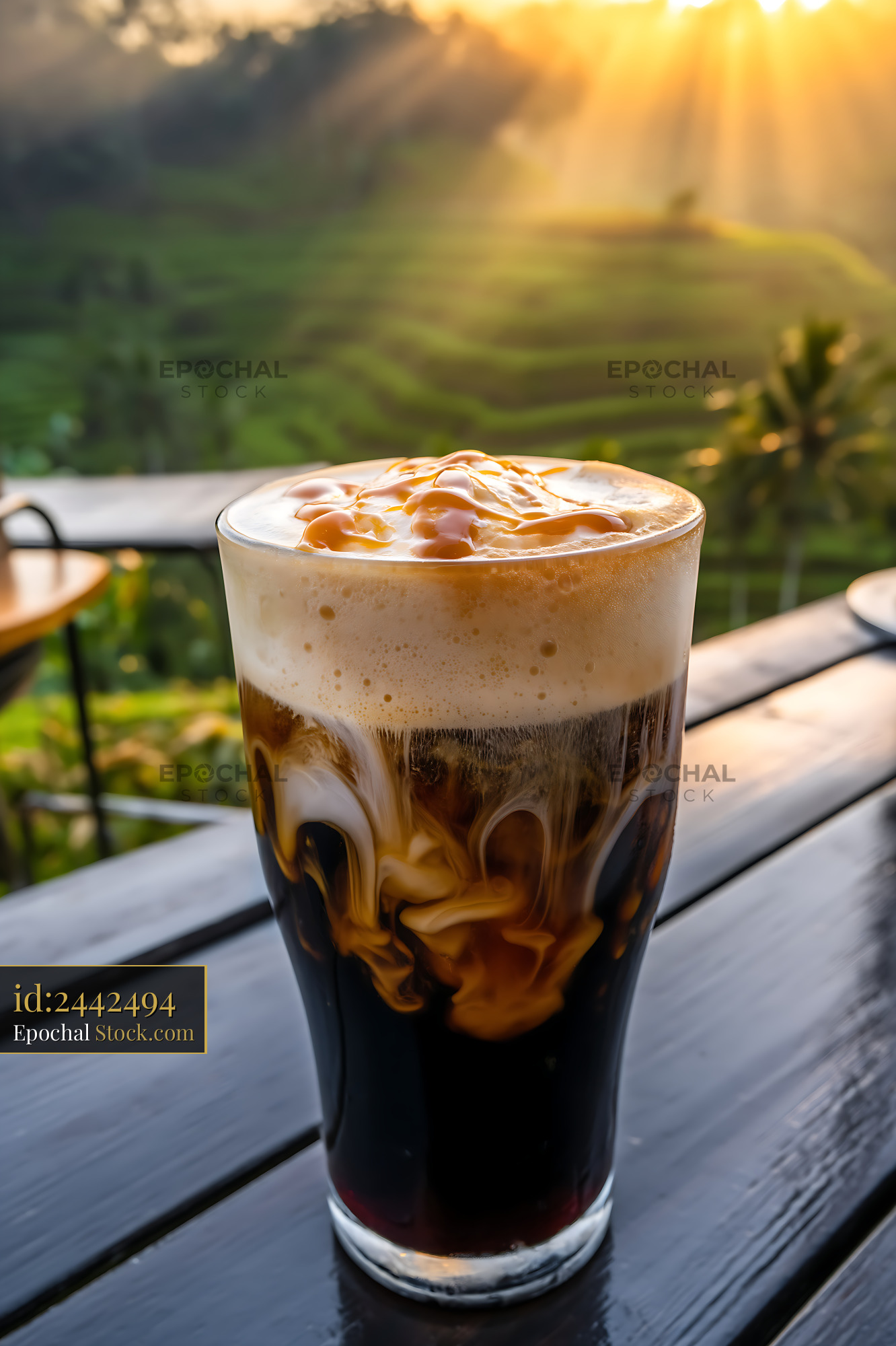 Nitro Caramel Coffee with Creamy Foam, Scenic View - stock photo