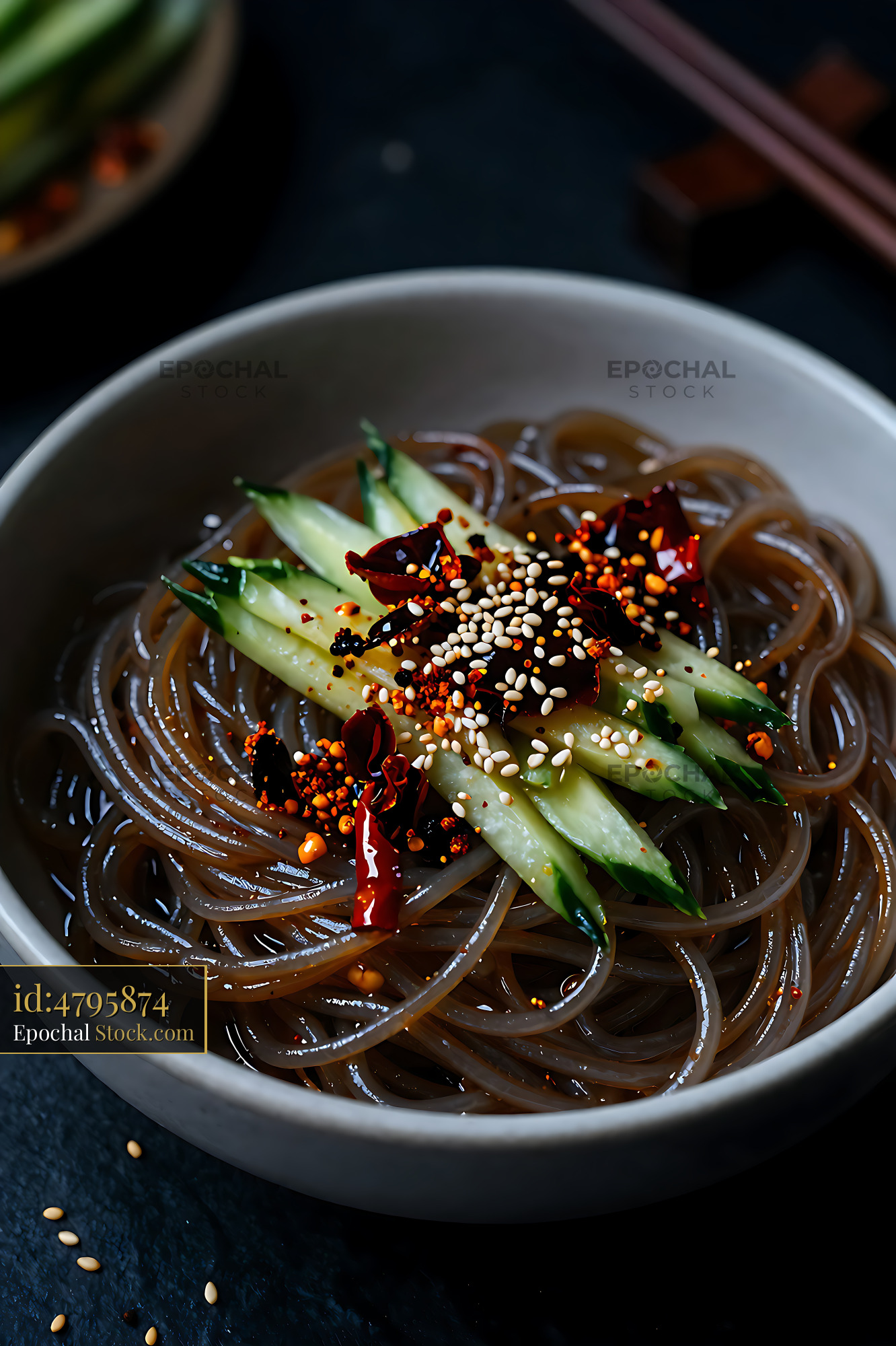 Buckwheat Noodles with Cucumber & Sesame Seeds - stock photo