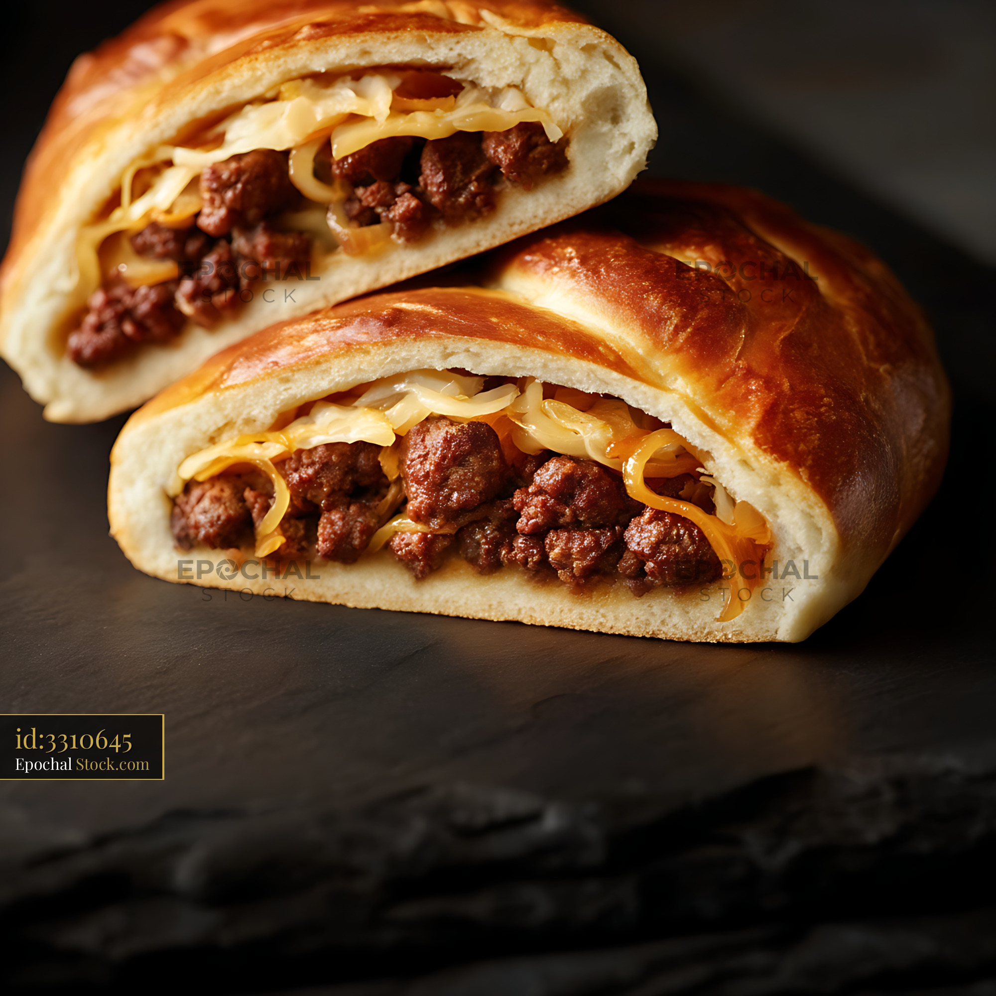 Beef Sandwich with Caramelized Onions, Sliced - stock photo