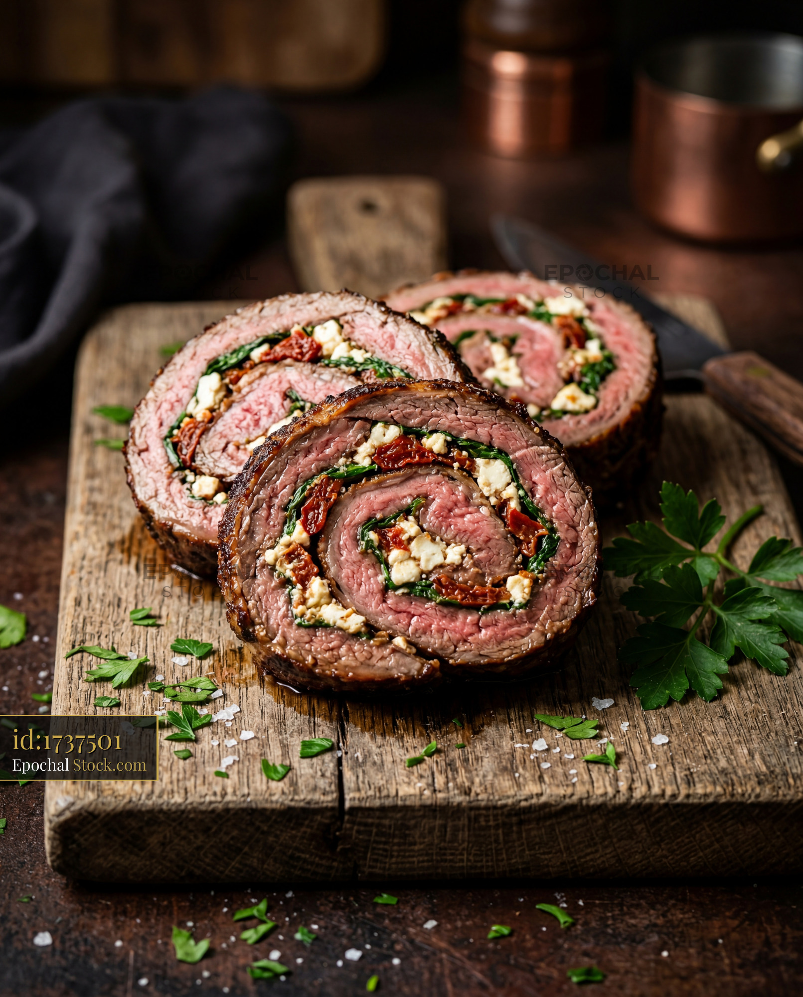 Beef Roulade Sliced with Goat Cheese Filling - stock photo