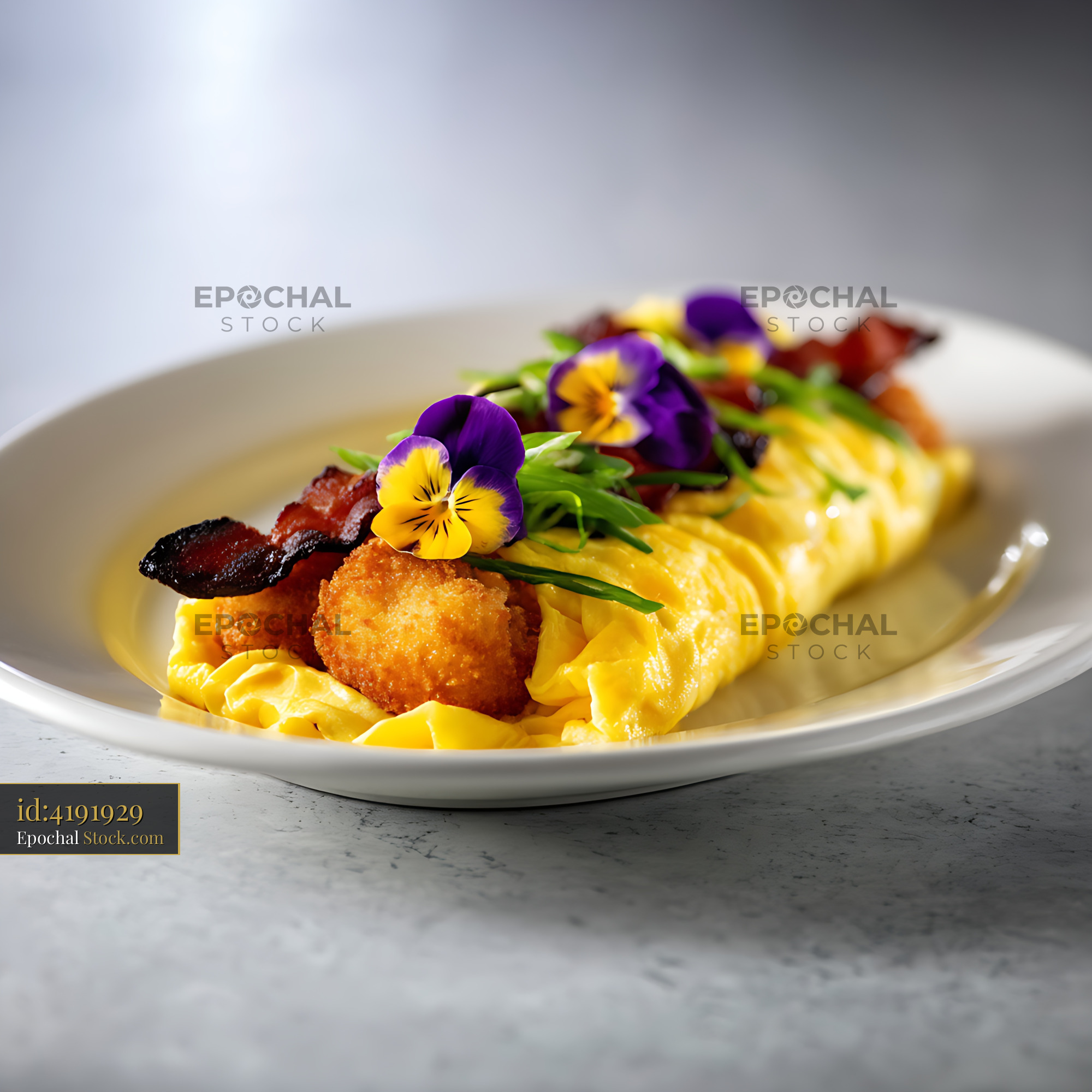 Fine Dining Seafood Pasta With Pansy Flower Garnish - stock photo