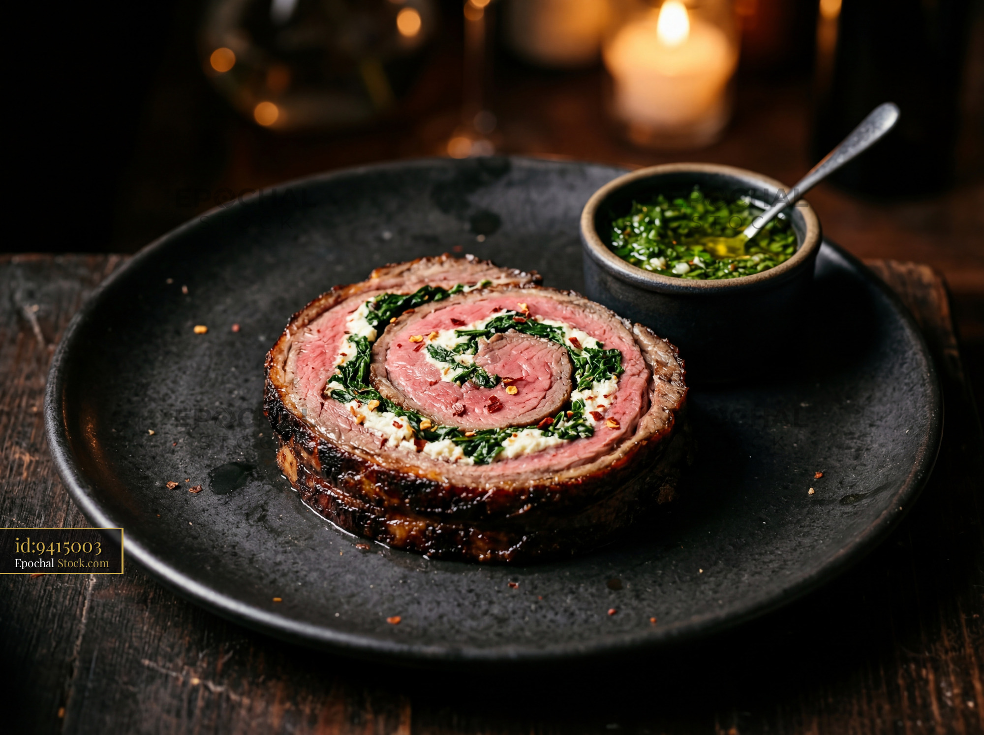 Beef Roulade with Spinach and Herb Sauce - stock photo
