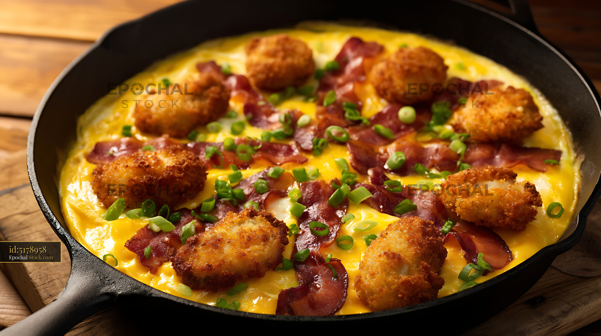 Shrimp and Bacon Omelet in Cast Iron Skillet - stock photo