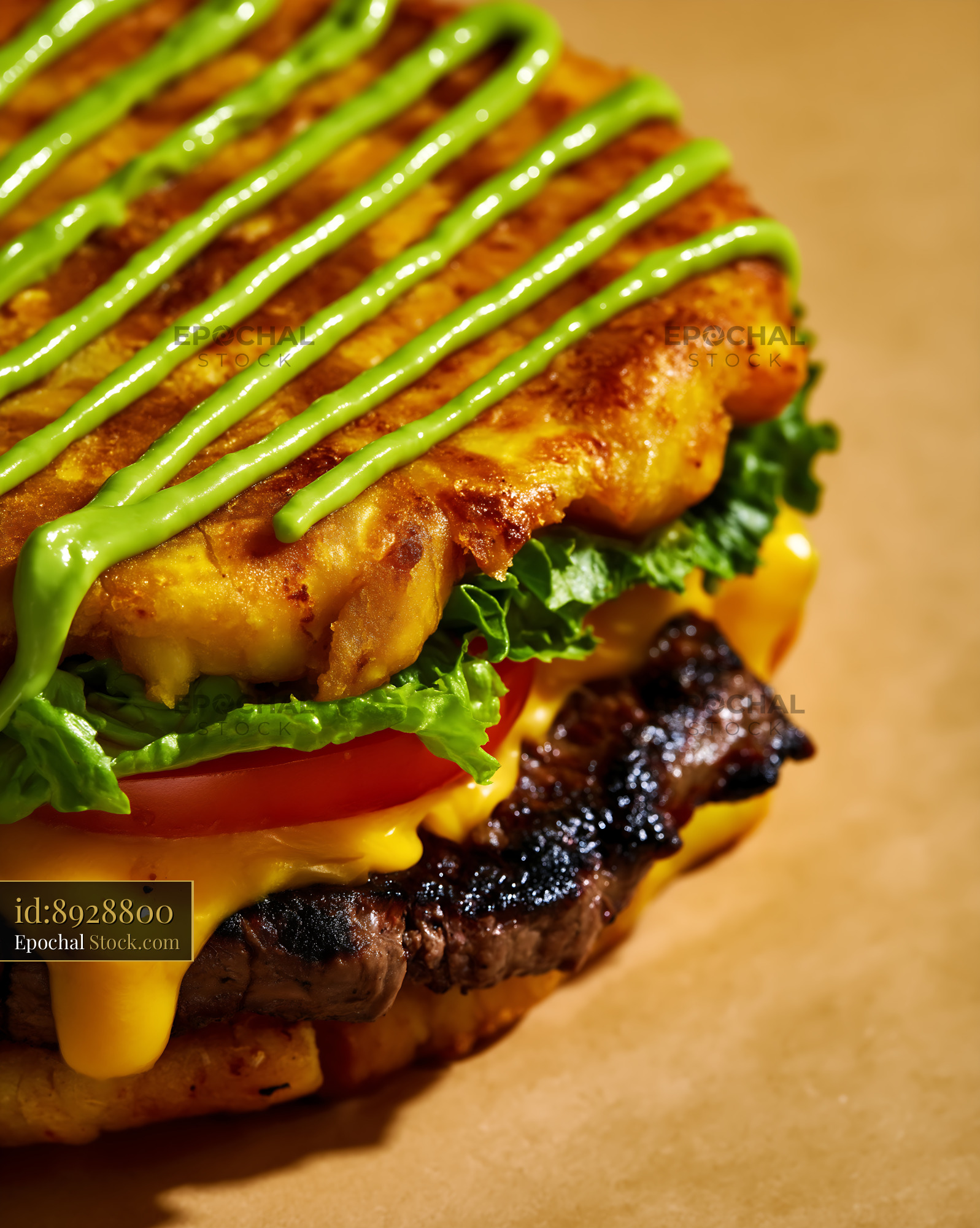 Gourmet Fried Chicken Burger with Wasabi Drizzle - stock photo