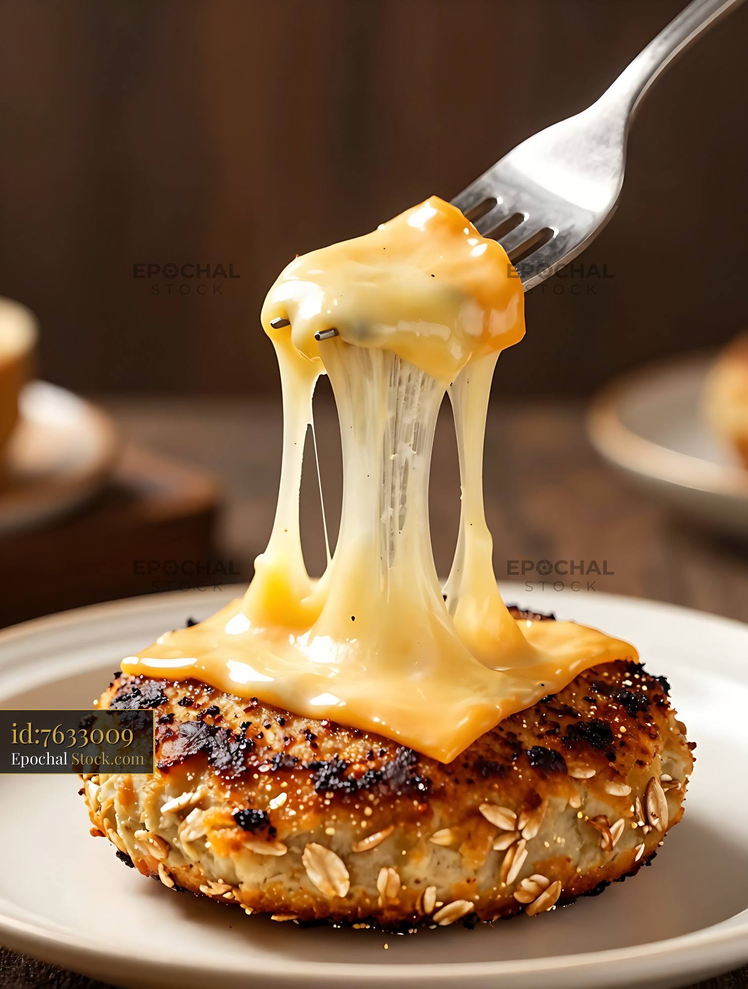 Melted Cheese Dripping from Sesame Bagel on Fork - stock photo