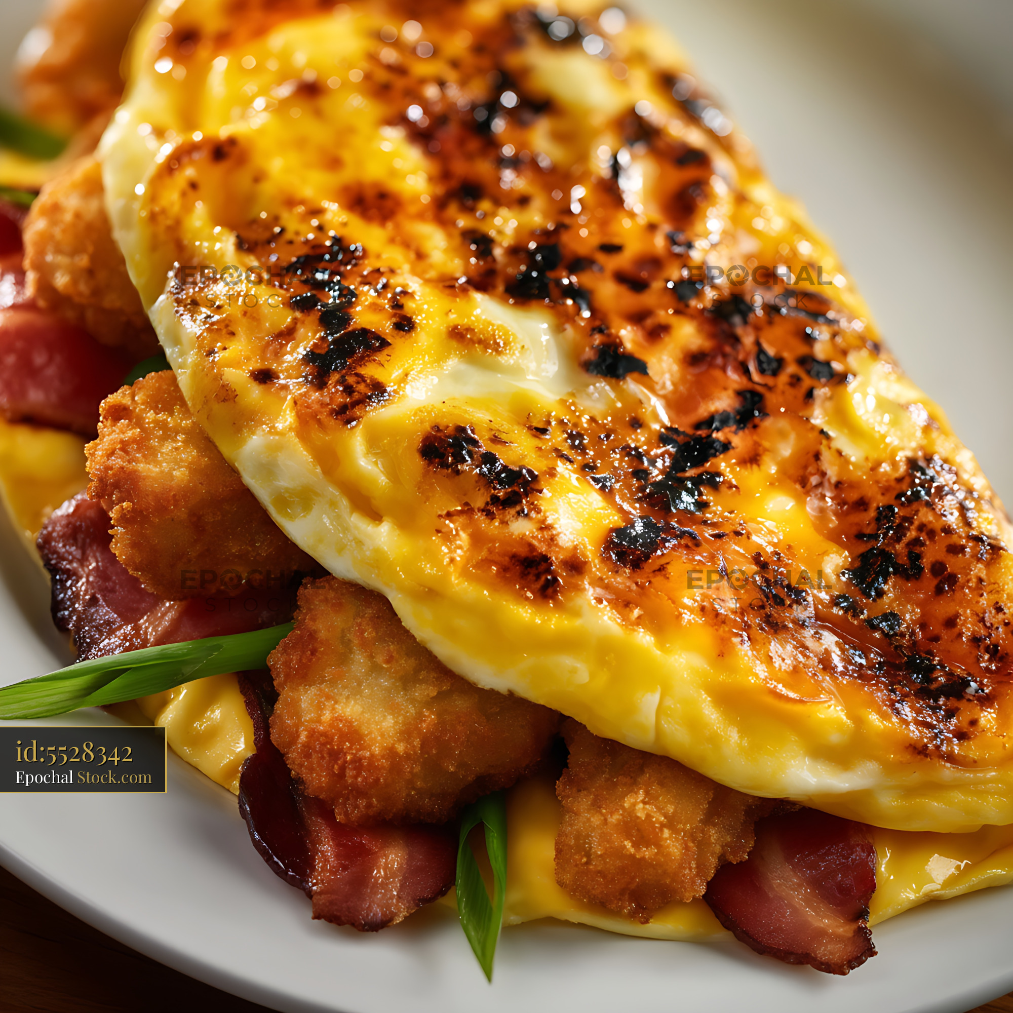 Gourmet Omelette with Crispy Bacon and Hash Browns - stock photo