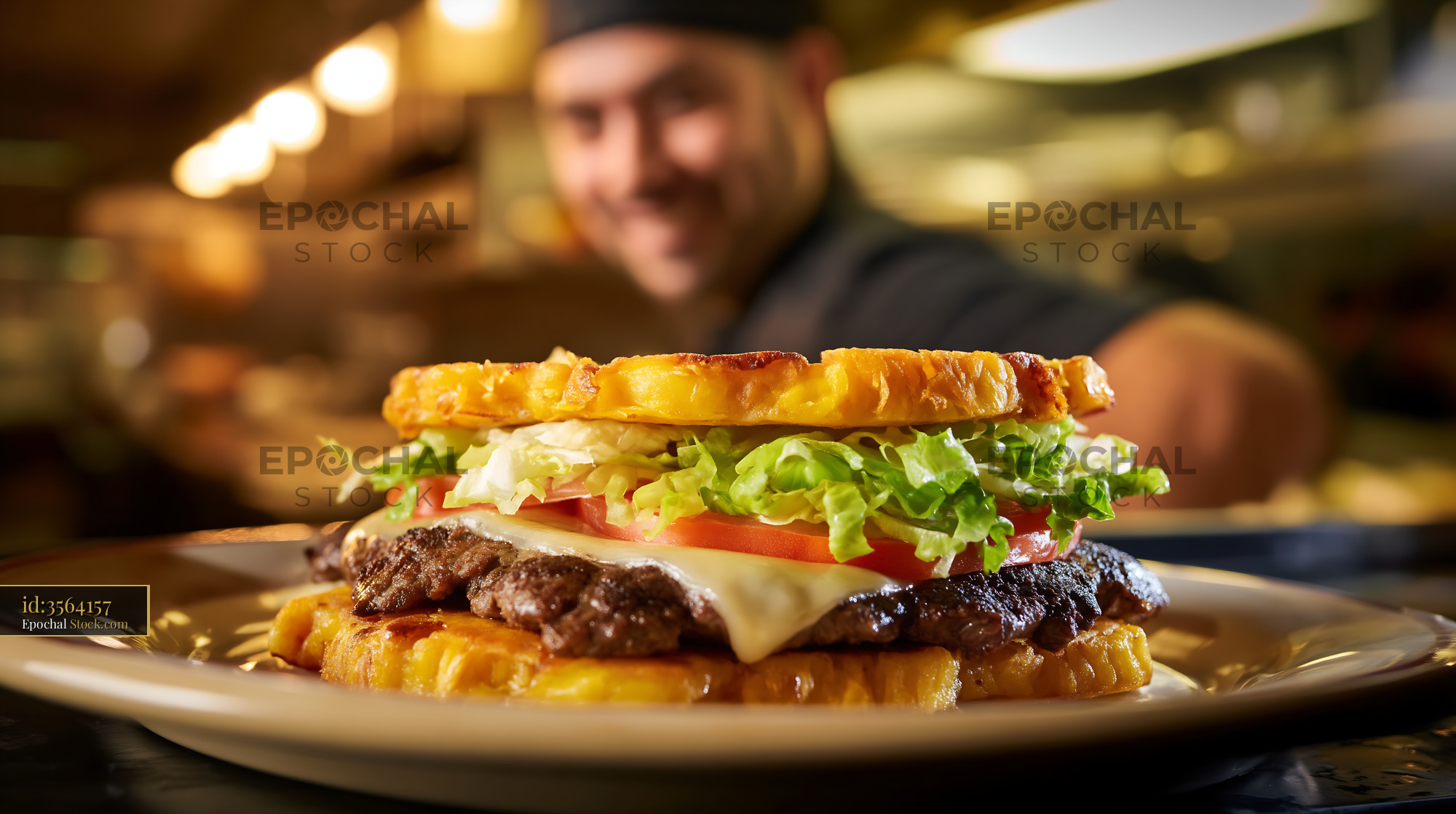 Gourmet Beef Burger on Crispy Plantain Bun - stock photo