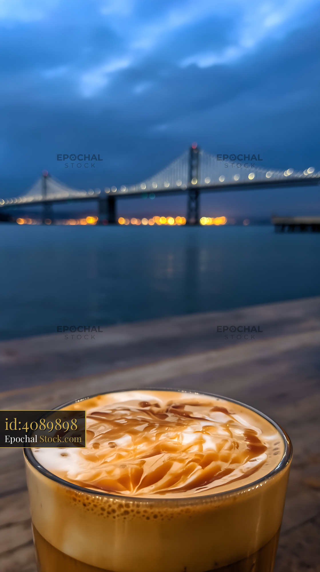 Nitro Caramel Coffee Overlooking Night Bridge - stock photo