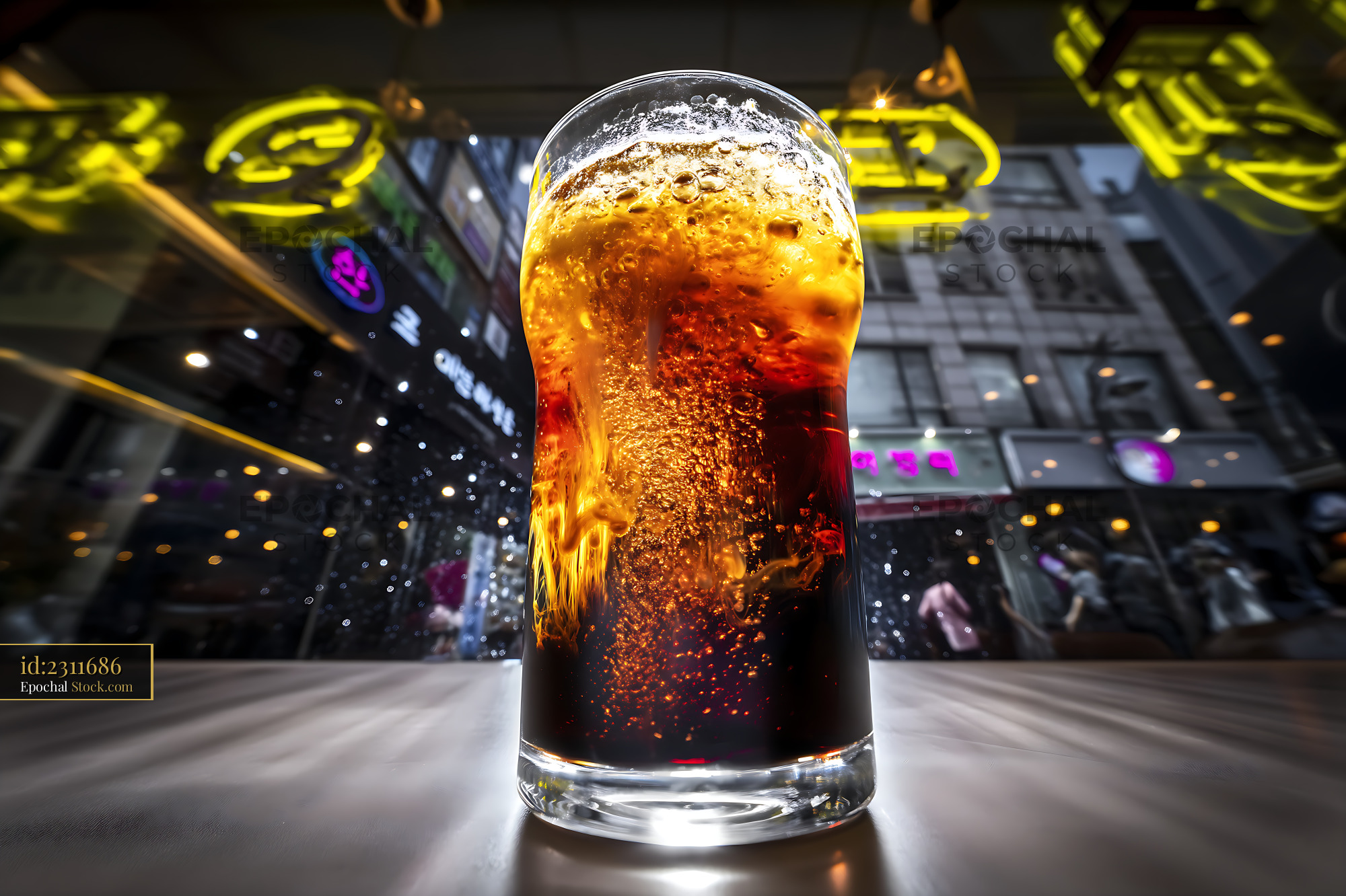 Nitro Caramel Coffee Bubbling Over Ice Neon - stock photo
