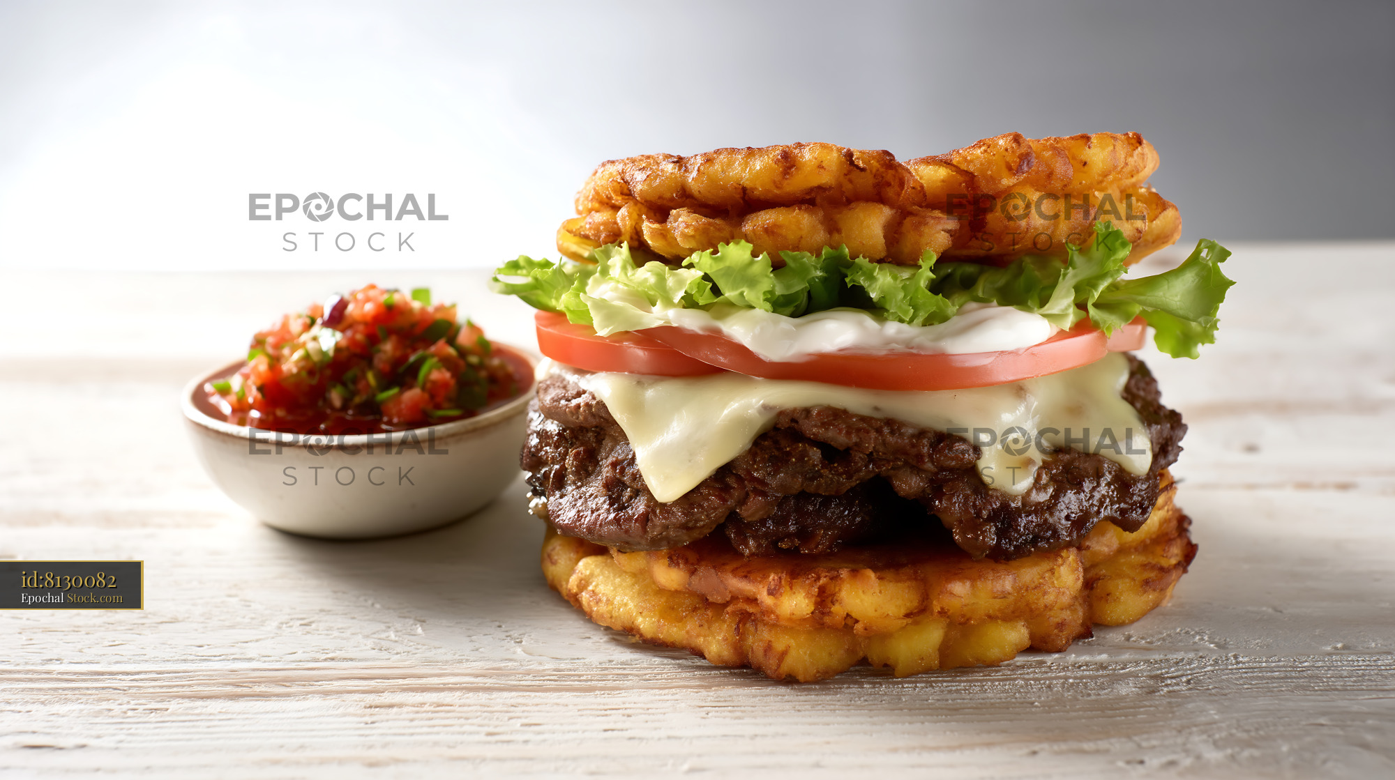 Gourmet Beef Burger with Crispy Waffle Fry Bun - stock photo