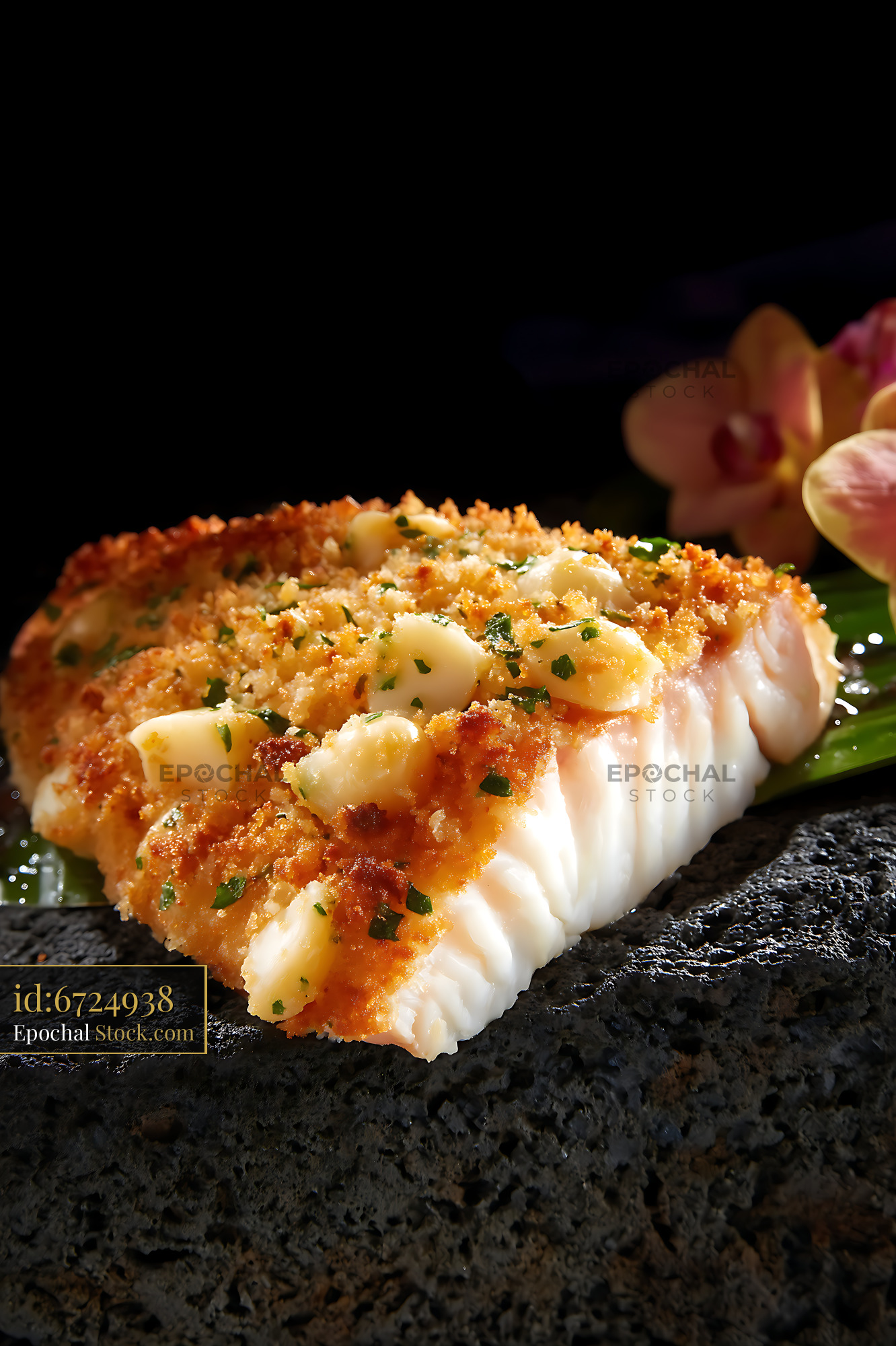 Pan-Seared White Fish with Garlic Breadcrumb Crust - stock photo