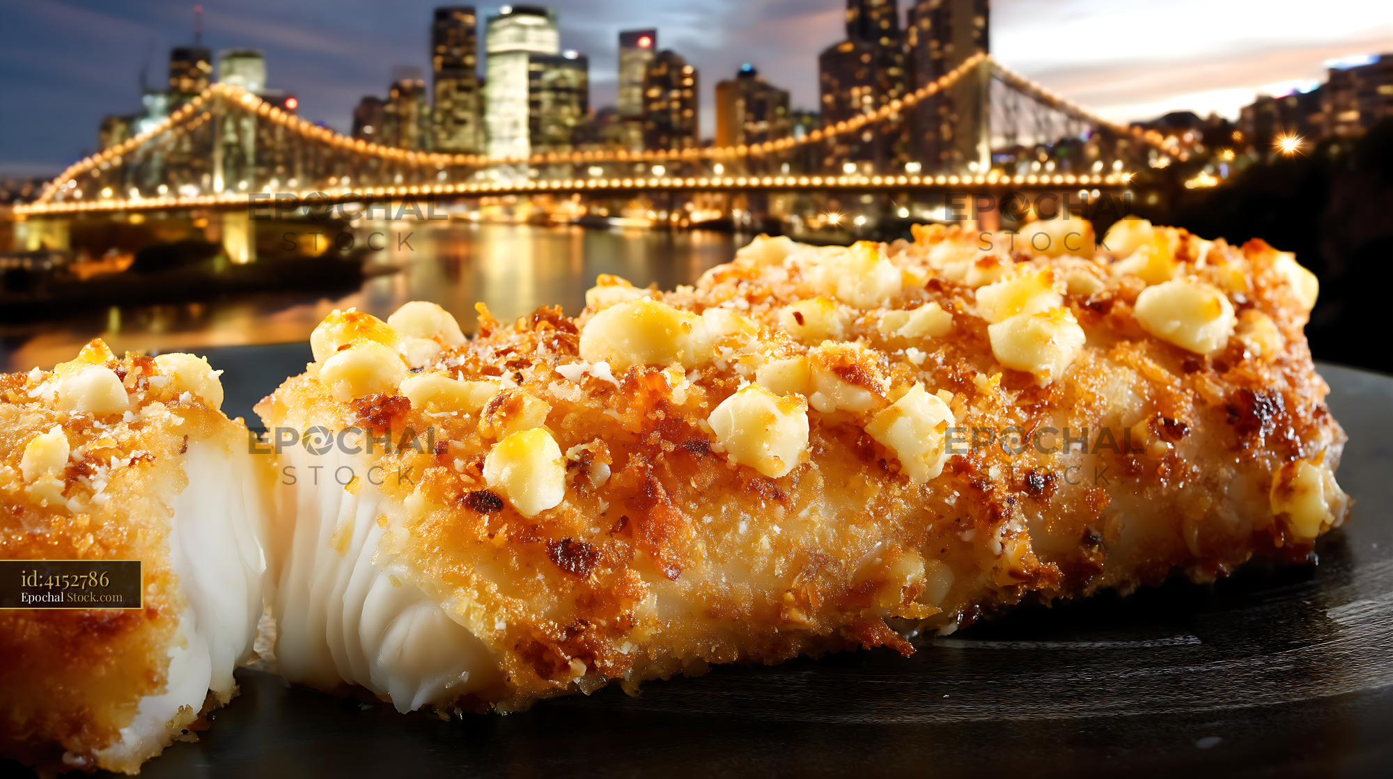 Macadamia Crusted Fish Against Cityscape - stock photo