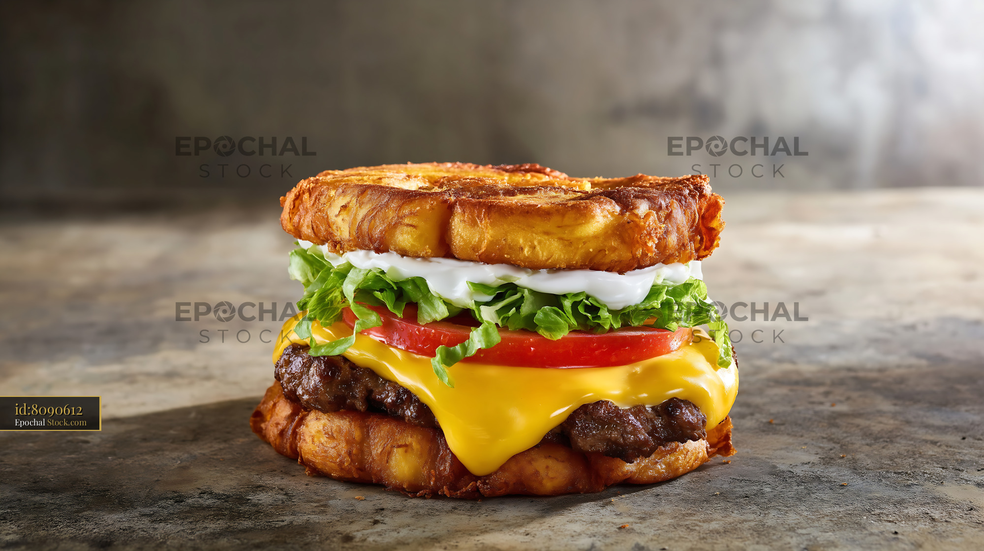 Gourmet Hash Brown Burger with Fresh Toppings - stock photo