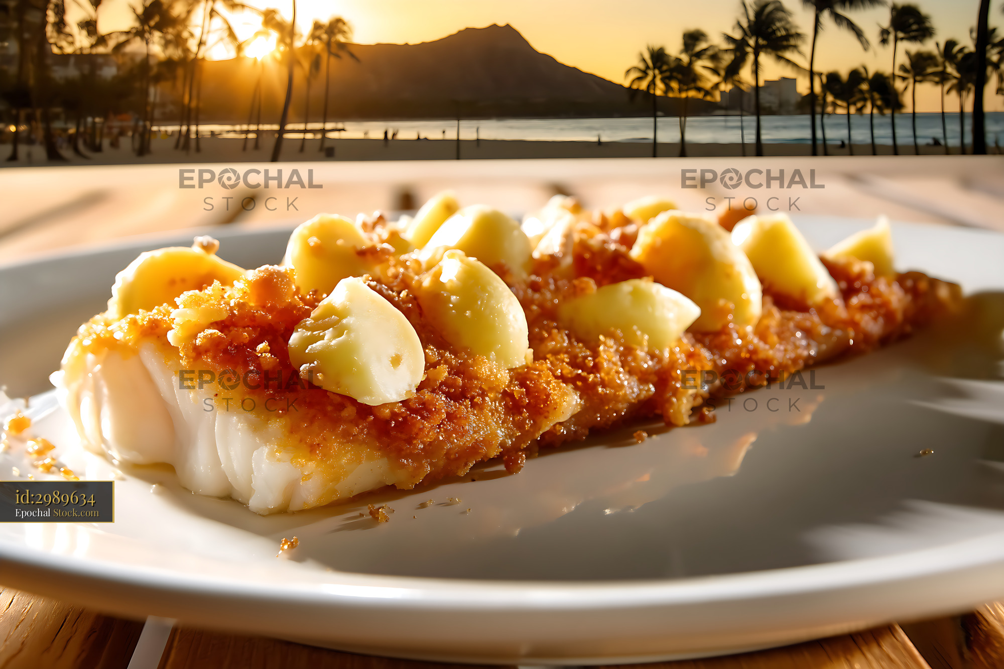 Pan-Seared Scallops Macadamia, Waikiki Beach Sunset - stock photo